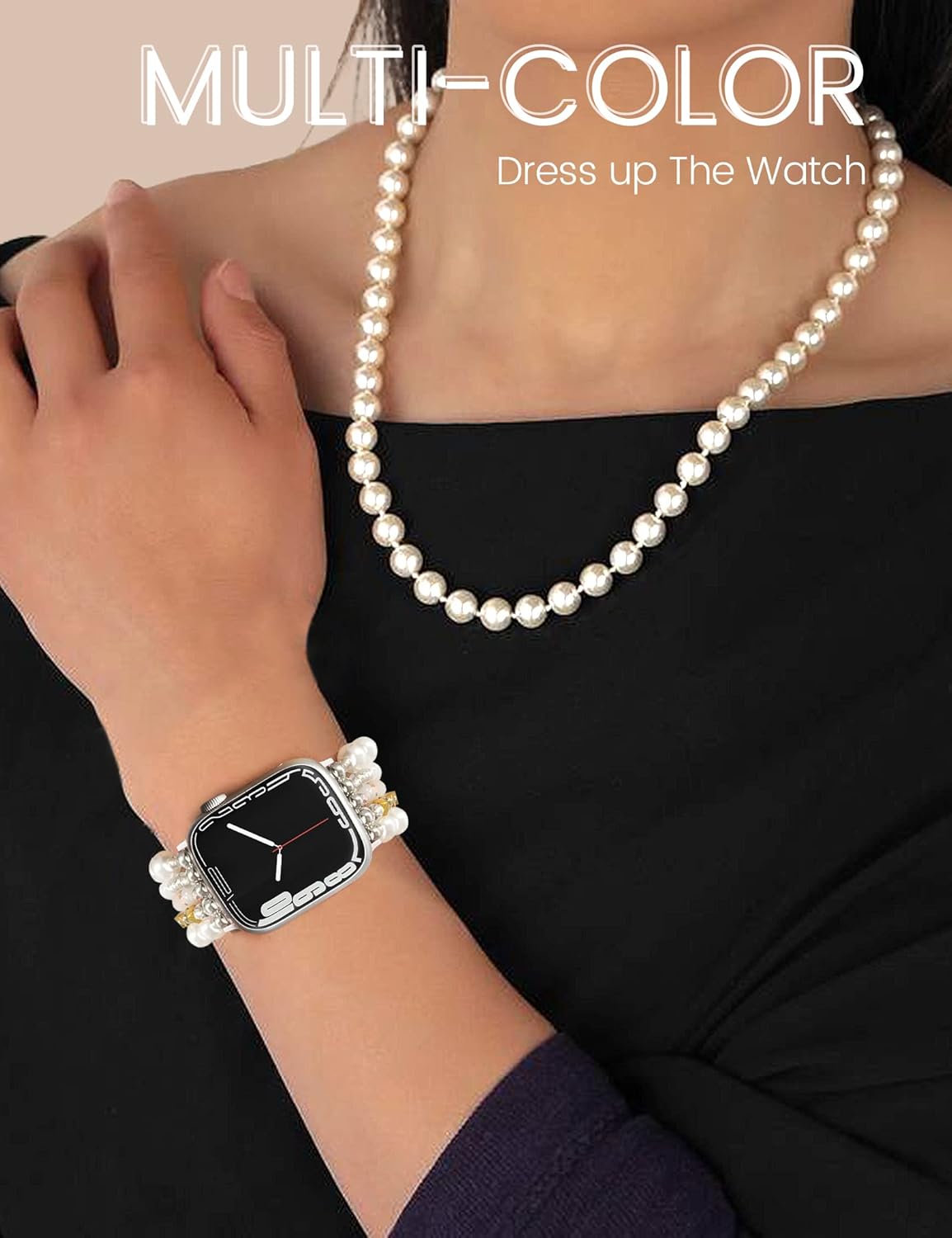 JR.DM Beaded Bracelet Bands for women Compatible with Apple Watch 40mm 38mm 41mm 44mm 42mm(S10/11) Fashion Cute Dressy Stretchy Handmade Strap for iWatch Series 11/10/9/8/7/6/5/4/SE 3/2/1(Pearl Gold) - Image 6