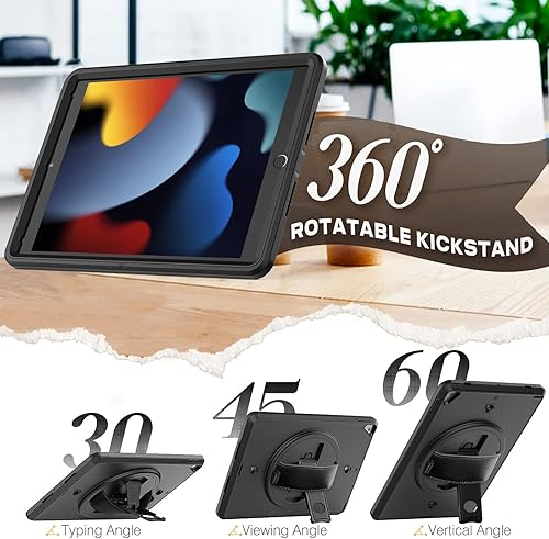 Miniatura 3 de SEYMAC stock Funda para iPad de 9ª/8ª/7ª generación de 10.2 pulgadas 2021/2020/2019, funda de cuerpo completo con soporte giratorio de 360º y correa
