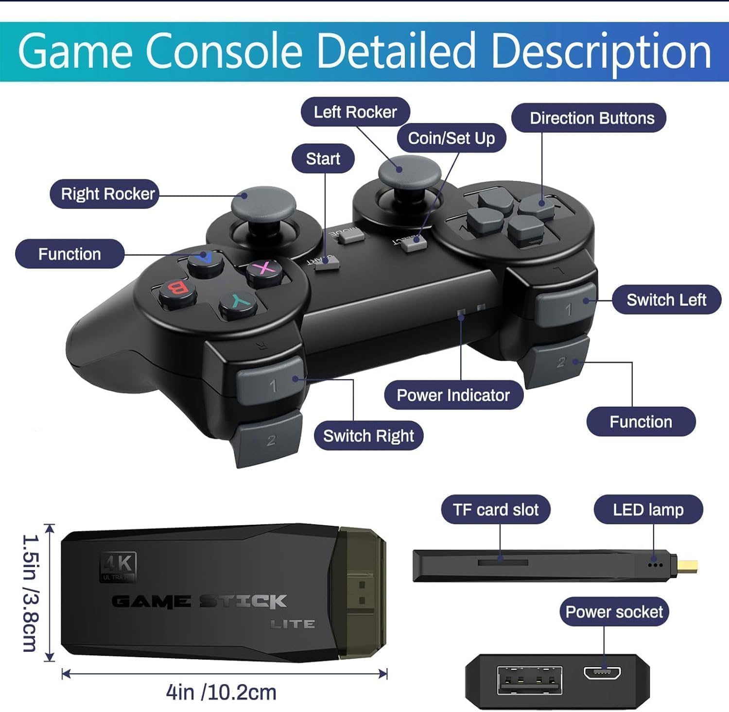 Retro Konsole mit 20.000+ Spielen, Retro Spielkonsole Game Stick, HDMI Plug & Play mit 2 Wireless Controllern, Klassische Videospielkonsole Geschenk für Familie & Freunde (Schwarz)