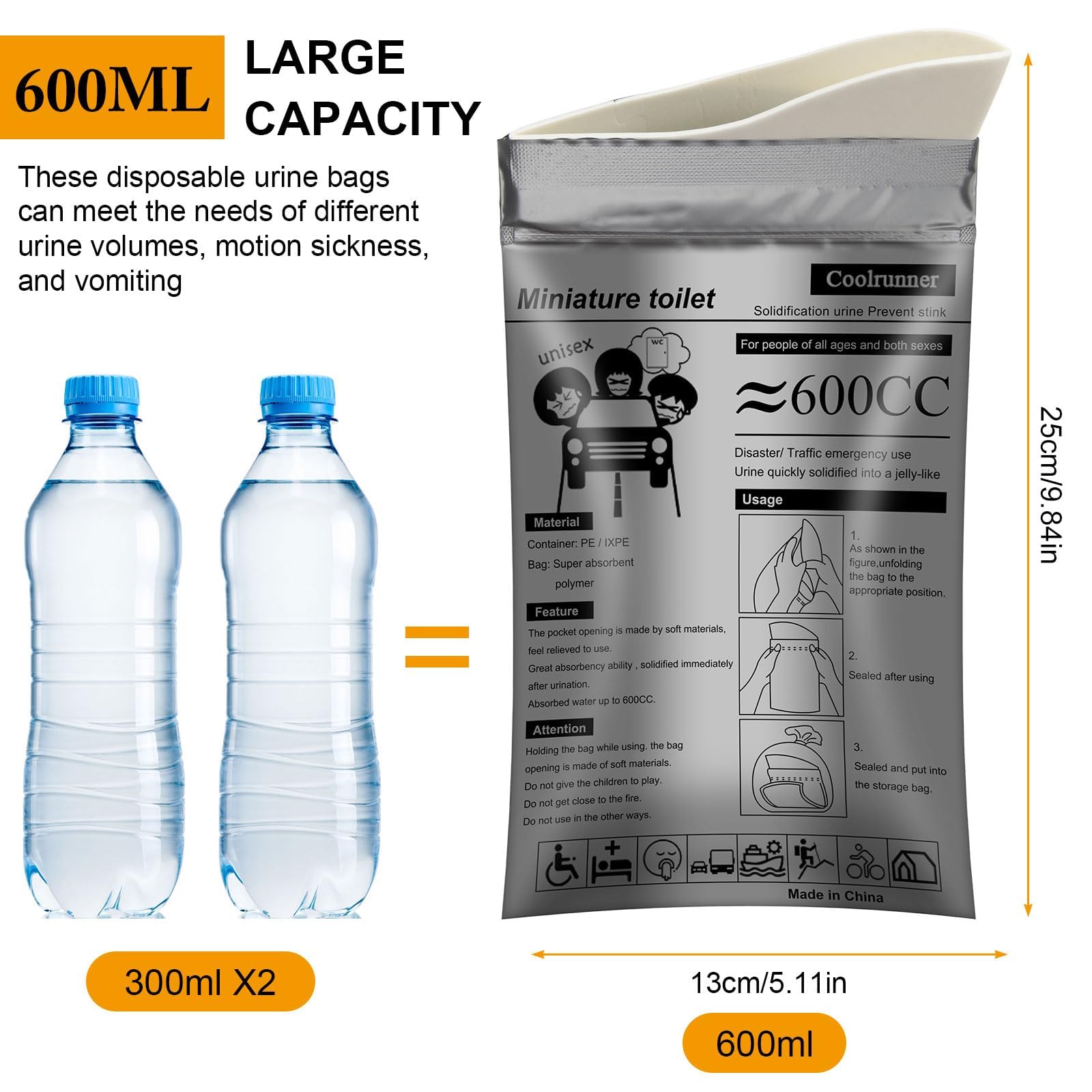 Coolrunner Bolsas de orina desechables, paquete de 50 bolsas de orina desechables para viajes, emergencias, inodoro portátil