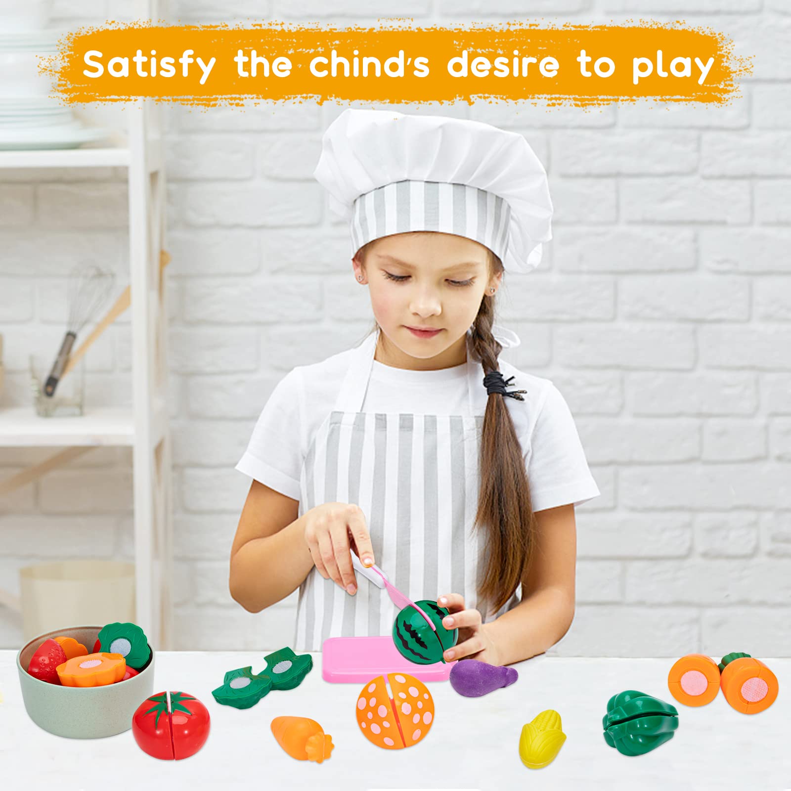 Utensilios de Cocina Accesorios Juguetes Niños con Comida para Cortar, Ollas y Sartenes, Juguete de rol de Chef Regalo de Cumpleaños para Niños y Niñas 3 4 5 6 Años
