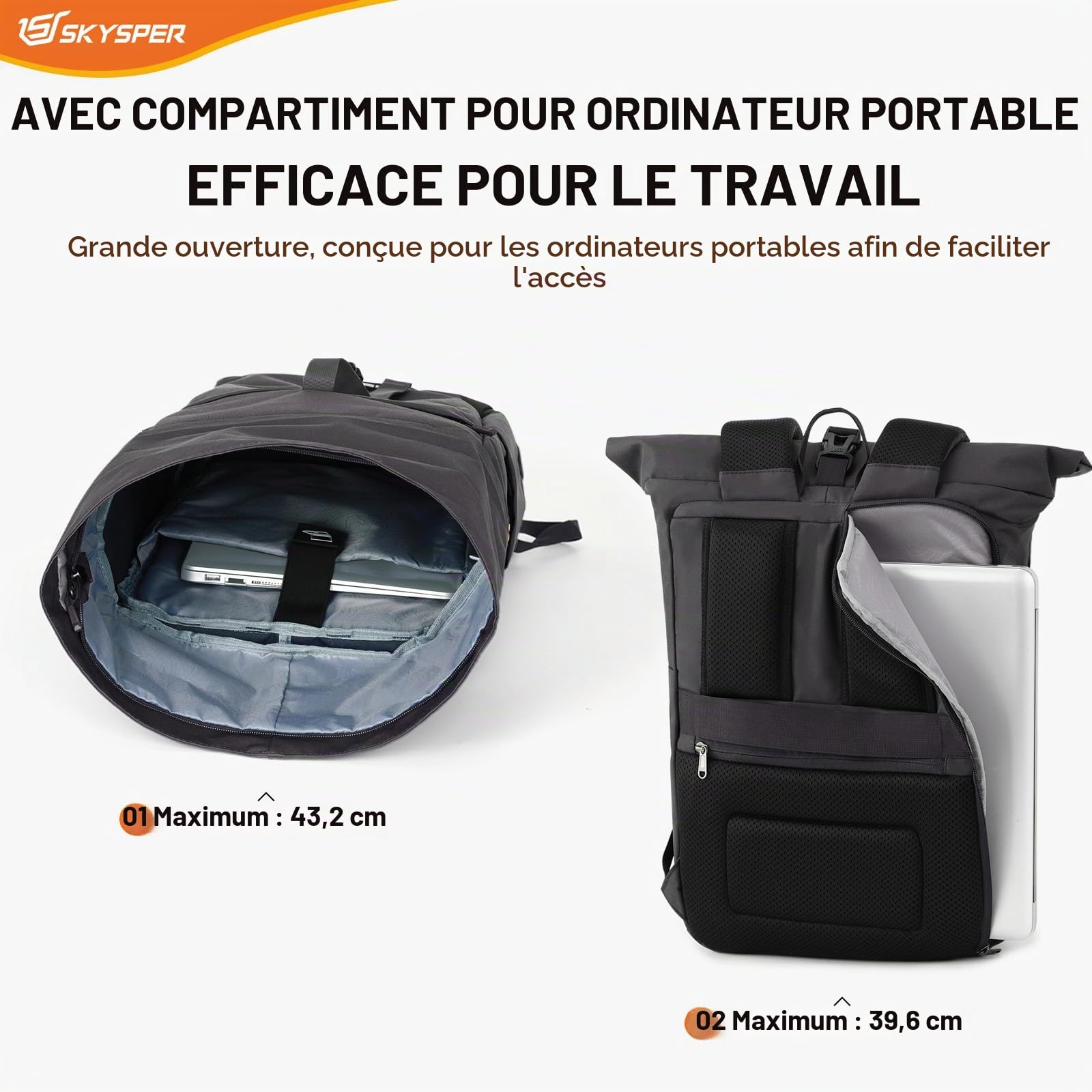 SKYSPER Sac à Dos Homme Extensible Sacs a dos Rolltop pour Voyage Vélo Travail College pour Adolescents Hommes Femmes
