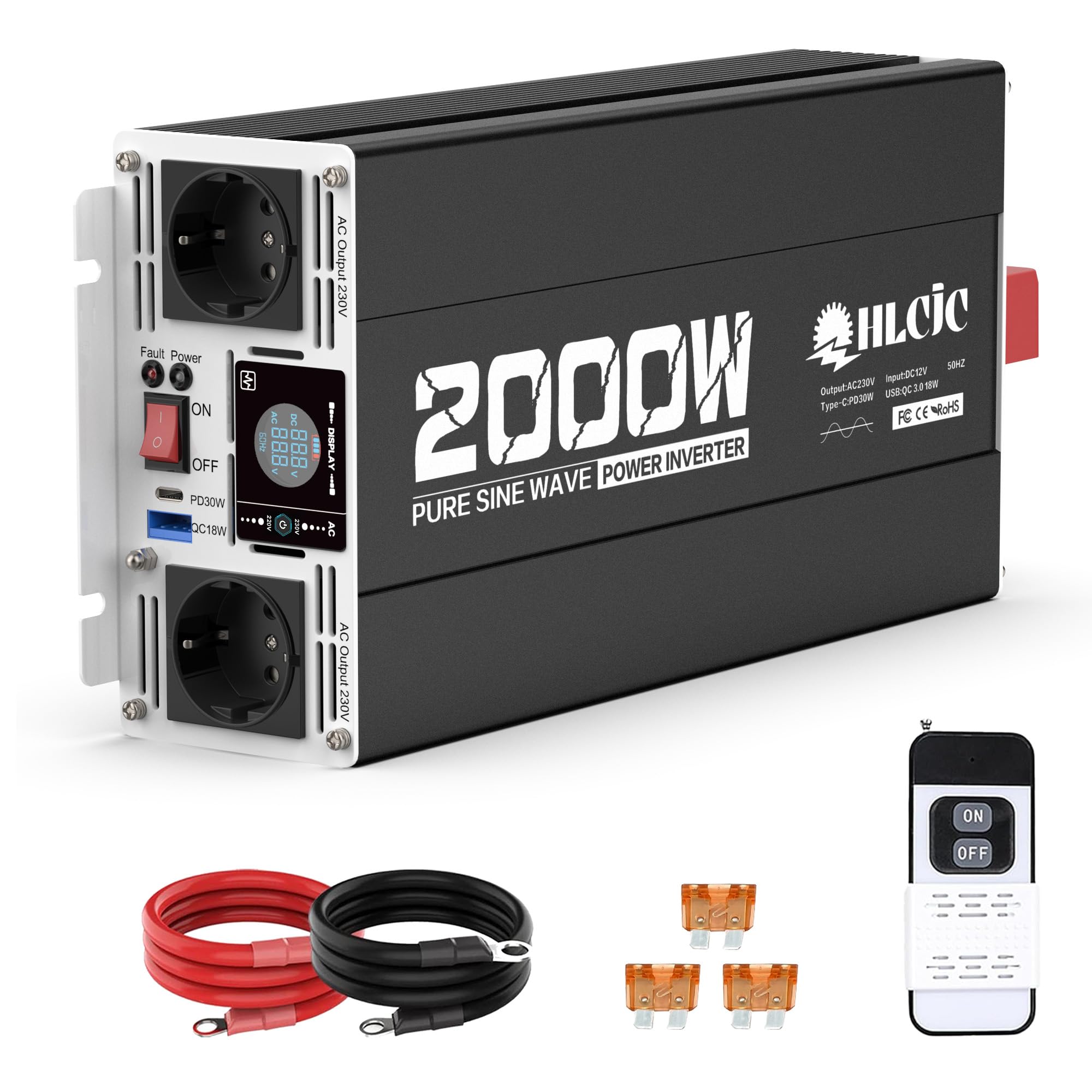 Convertidor de Energía 2000W/4000W Inversor de Onda Sinusoidal Pura de 12V a 230V, Pantalla LCD para Autocaravana Camión Vehículos