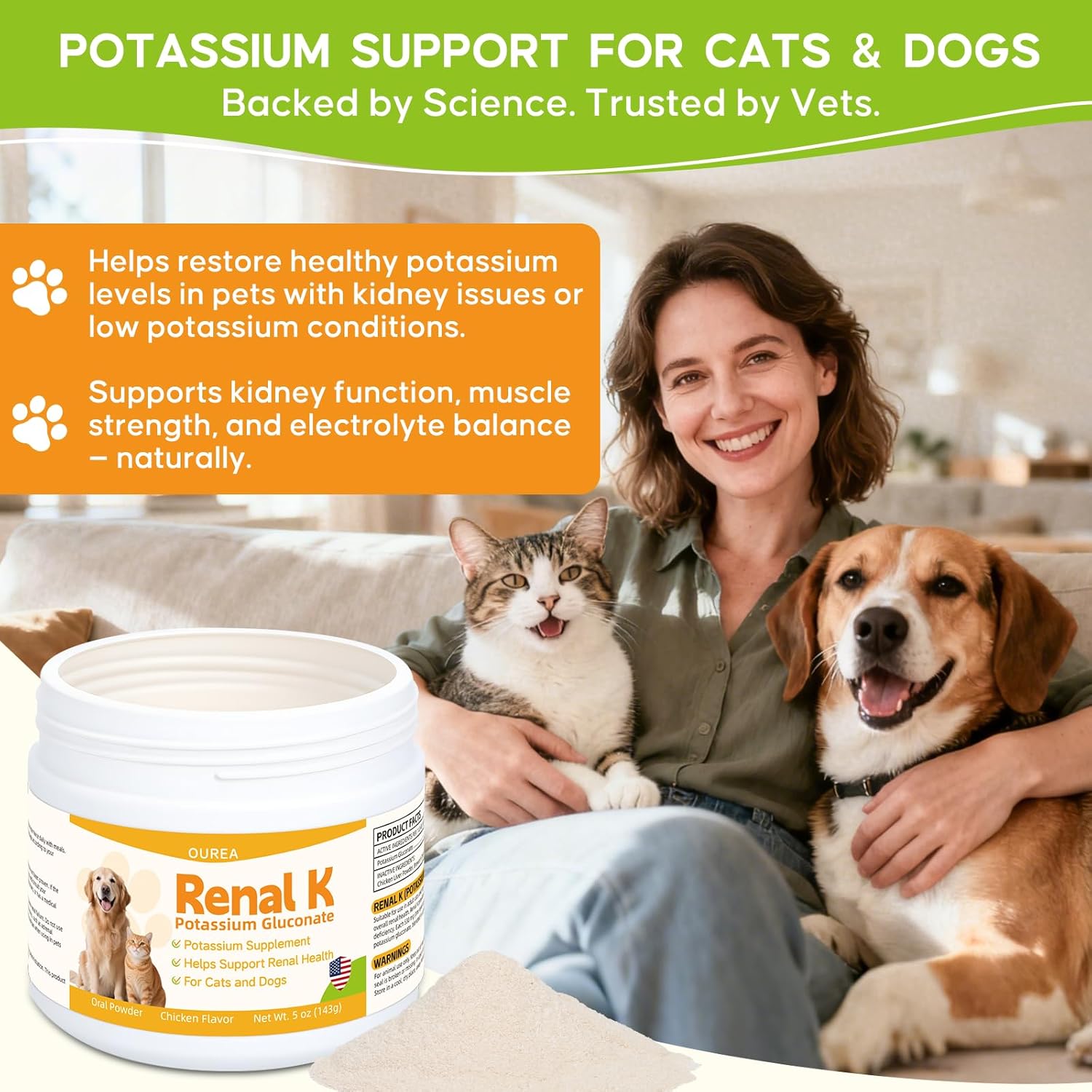 Renal K Potassium Gluconate for Dogs & Cats – 2.2 mEq per Scoop – Supports Kidney Function, Restores Potassium Levels – Boosts Energy – Muscle Strength – Vet-Recommended
