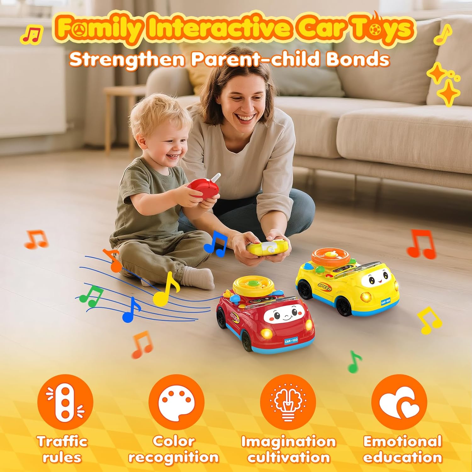 Toddler Toys for Ages 1-3 Boy - Remote Control RC Push Car Racing Adventure Steering Wheel Driving Games,Interactive Learning Educational Christmas Birthday Gift for Kids Age 1 2 3(Yellow)