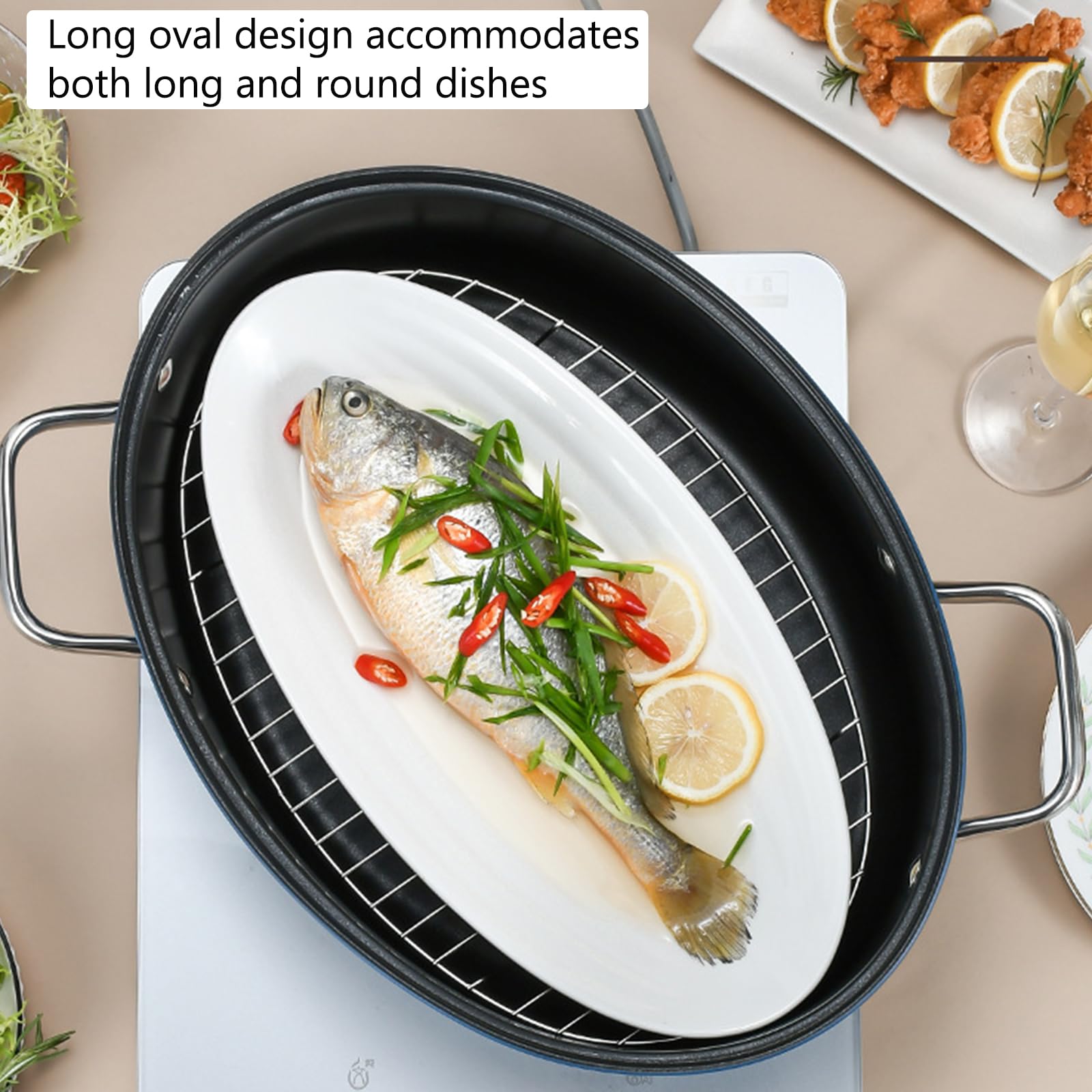 Amazon.com: Elliptical Steamed Fish Pot Set with Lid, Ceramic Pan