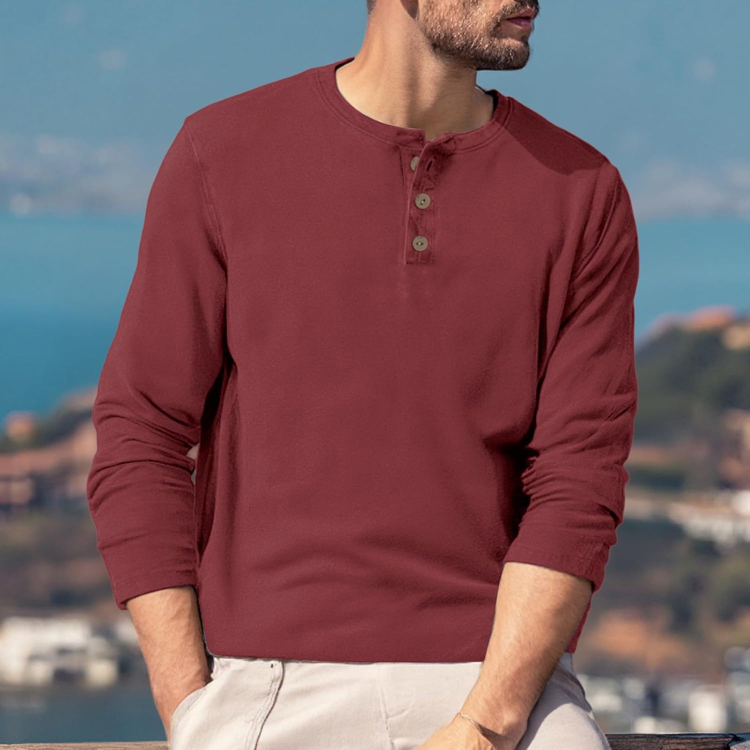 Summer Shirts for Men, Long Sleeve Solid Color Henley Shirt Casual Lightweight T-Shirts, M-3XL