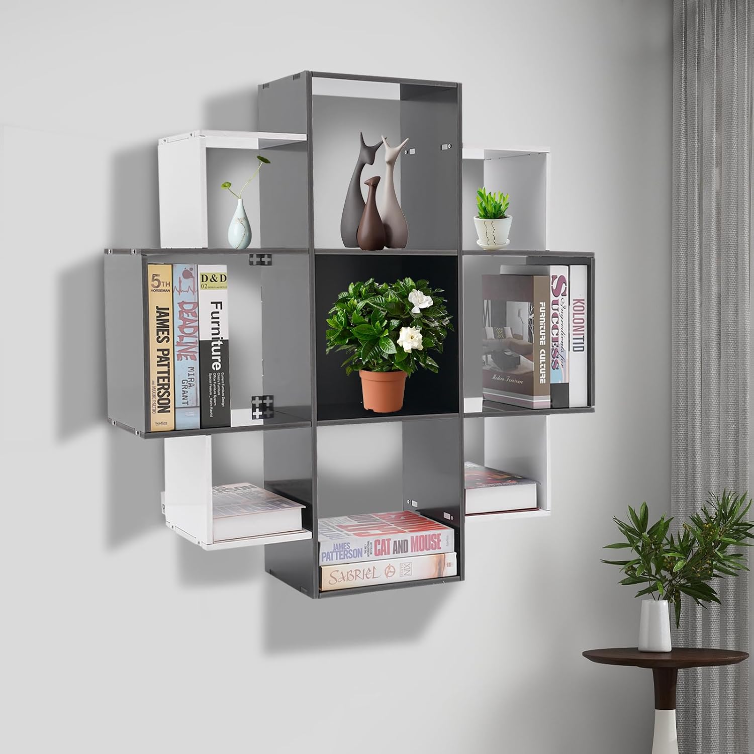 3-Tiers Bookcase with 9 Compartments Bloom Wall Shelf - Bookcase - Book Shelf - Floating Shelf for Living Room Cups, Cosmetics, Office Supplies Decoration in Modern Design (Black, White)