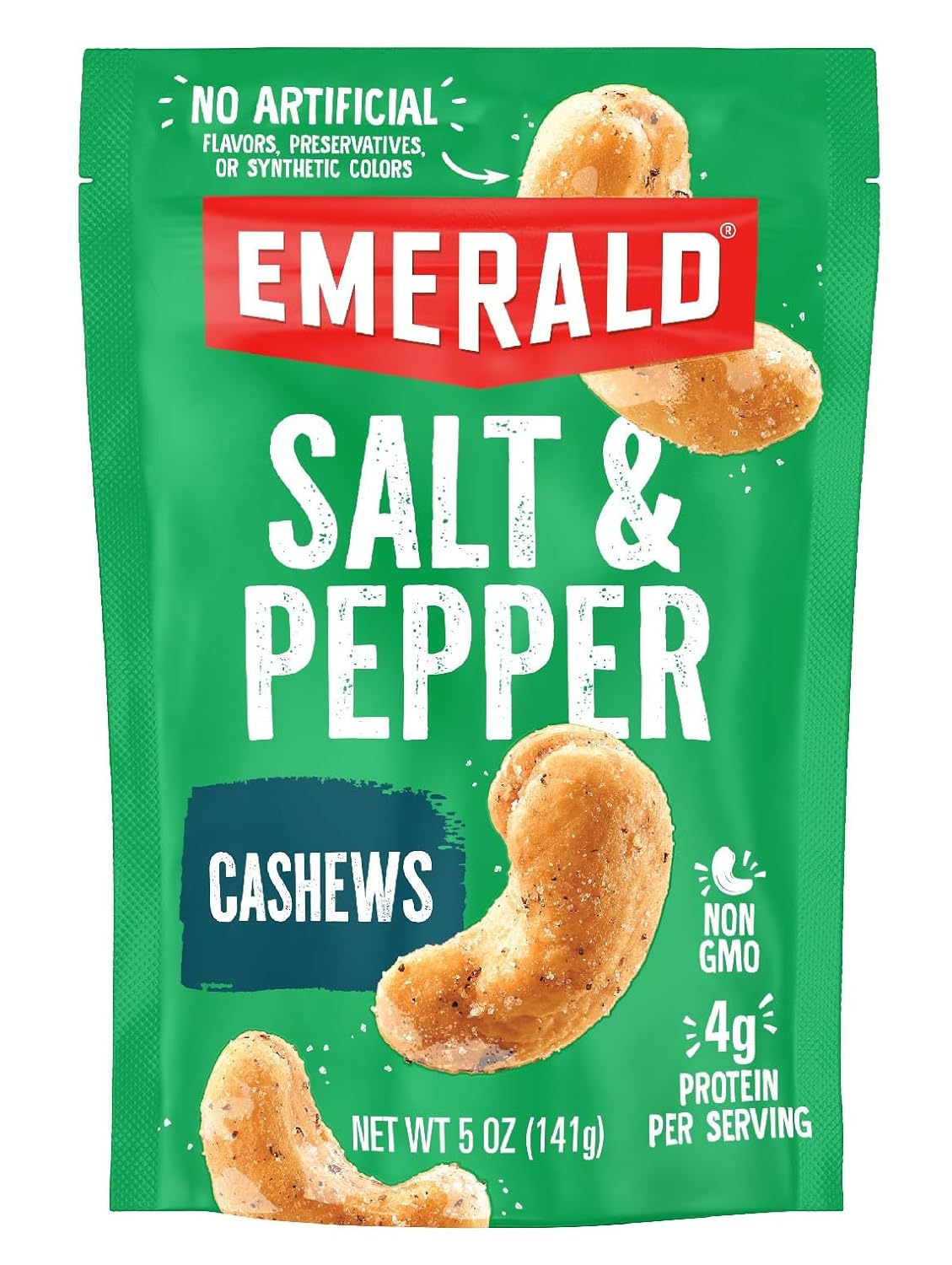 Emerald Nuts, Salt and Pepper Cashews, Stand Up Resealable Bag, 5 Ounce (Pack of 12)