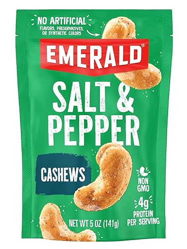 Emerald Nuts Salt and Pepper Seasoned Cashews (1-Pack), 5oz Resealable Bag, Kosher Certified, Non-GMO, Contains No Artificial Preservatives, Flavors or Synthetic Colors