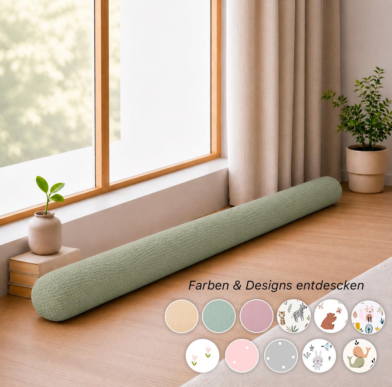 Seitenschläferkissen aus 100% Baumwolle – Body Pillow Bettrolle Nackenrolle (Eukalyptus, 400 cm)