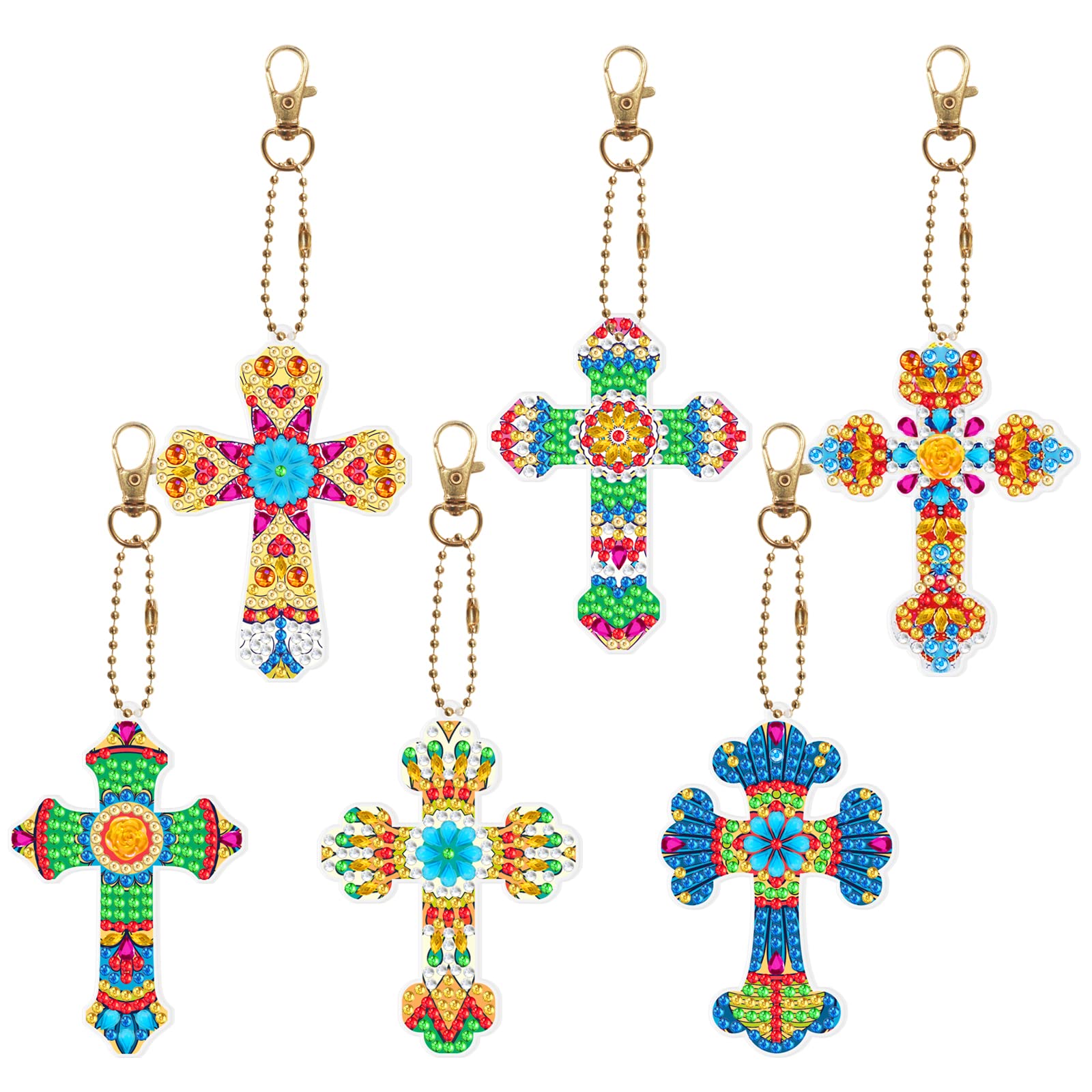 6 Pcs Gem Art Crosses Key Chains Easter Hanging Ornaments DIY Kits 5D Mini Diamond Art Painting Cross Keychains Double Sided Rhinestone Painting by Number Art Crafts Key Rings Bag Charm for Christian