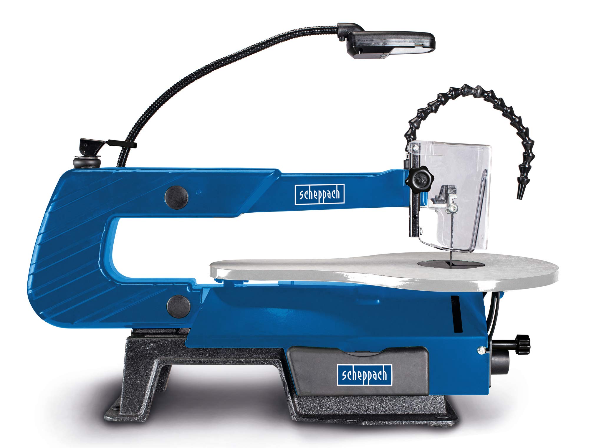 scheppach DECO-XLS - Sierra de calar (120 W, altura de corte: 50-406 mm, altura de elevación de 12 mm, 500-1700 rpm, interruptor de pie, lámpara de trabajo LED)