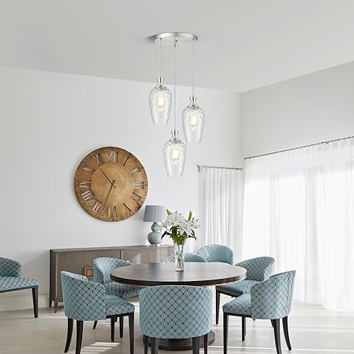 Miniatura 6 de 3 luces colgantes en racimo de isla de cocina, lámparas colgantes de níquel cepillado con vidrio transparente soplado a mano, luz colgante de granja