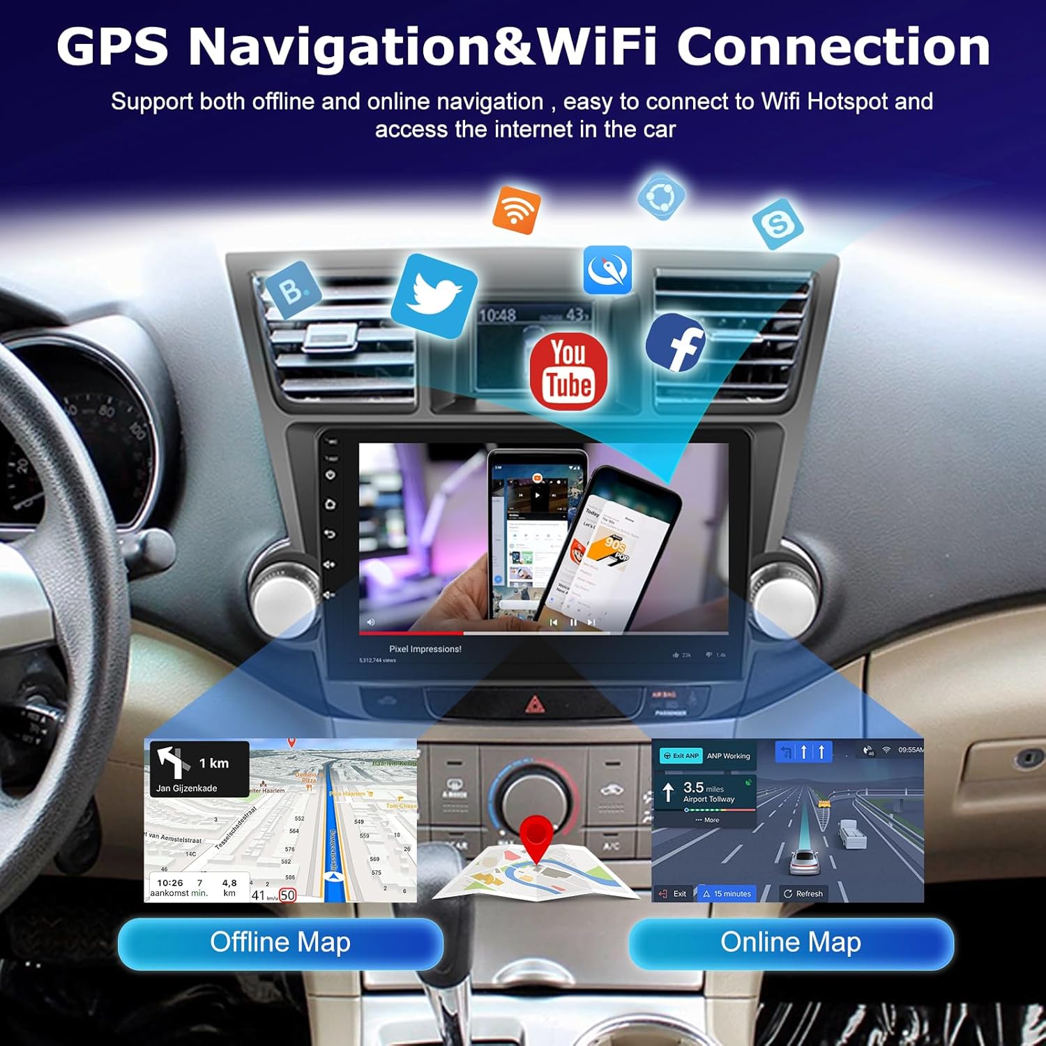 [4+64G] Car Stereo for Toyota Highlander 2009-2014: 10.1 inch IPS Touchscreen Android Radio - Wireless Carplay & Android Auto/5G/WiFi/DSP/EQ/Customize Homepage + AHD Backup Camera