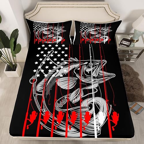 Feelyou Juego de sábanas de peces de lucio grande con bandera americana, sábana bajera ajustable para niños y niñas, ropa de cama de caza y pesca, 1
