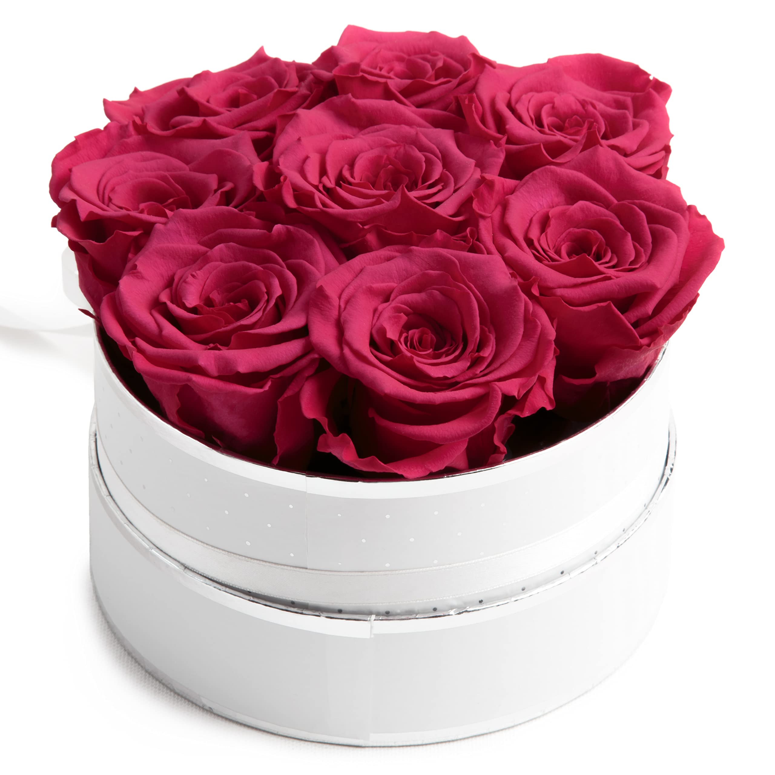 Rosenbox rosa rund Infinity Rosen - Flowerbox 8 echte Rosen haltbar 3 Jahre Durchmesser 15 cm - Geschenk für Frauen (Weiß-Pink)