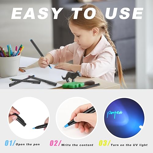 Miniatura 10 de Daemson Bolígrafo de tinta invisible, bolígrafo espía con 3 mini linterna LED UV, bolígrafo mágico de tinta que desaparece con marcadores de luz