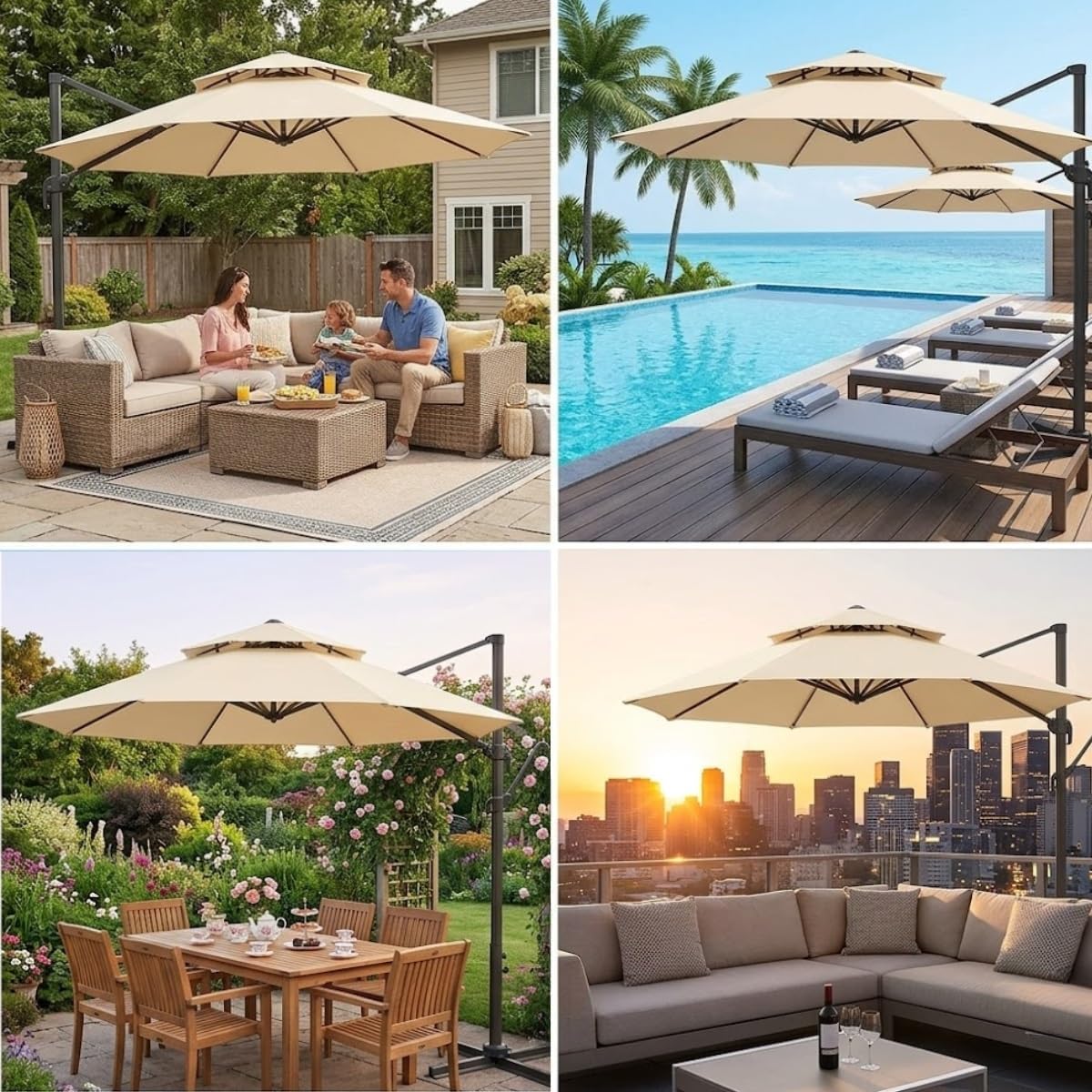 2 Tier Outdoor Patio Umbrella Replacement Canopy 8 Ribs, 9ft 10ft Cantilever Garden Umbrella Replacement Top Cover, Sun Shade Waterproof Fabric for Pool Backyard Market