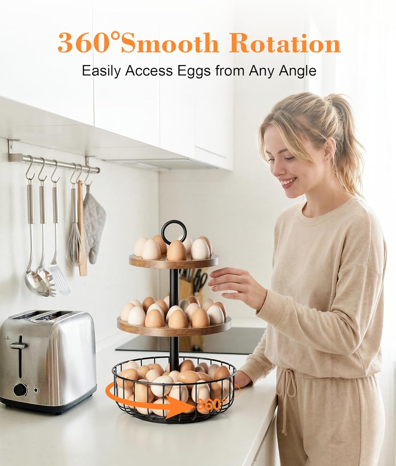3-Tier 360° Rotating Egg Holder with 24+40 Egg Capacity - Rustic Farmhouse Kitchen Counter Organizer, Tiered Egg Storage Rack with Ventilated Wooden Trays & Metal Basket for Easter Eggs, Fresh Eggs