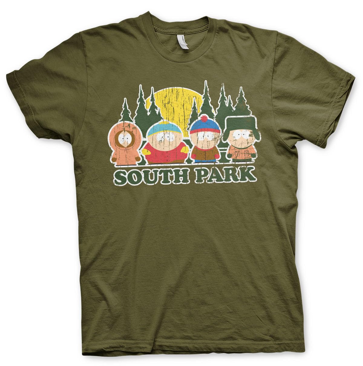 South Park Officially Licensed Distressed Mens T-Shirt (Olive), X-Large