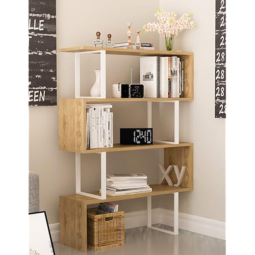 Decorotika Adriana 4-Shelf Geometric Modern Industrial Etagere Bookcase Bookshelf Shelving Unit (White and Oak)