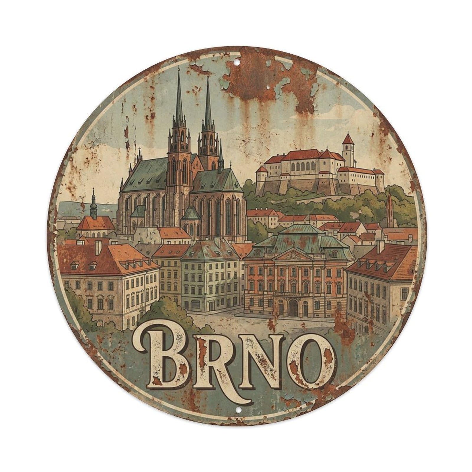 Retro Travel Czechia Brno Vintage Metal Tin Sign Plaque Wall Decor for Cafe, Club Bar, Office, Garden Metal Poster 8x8Inch