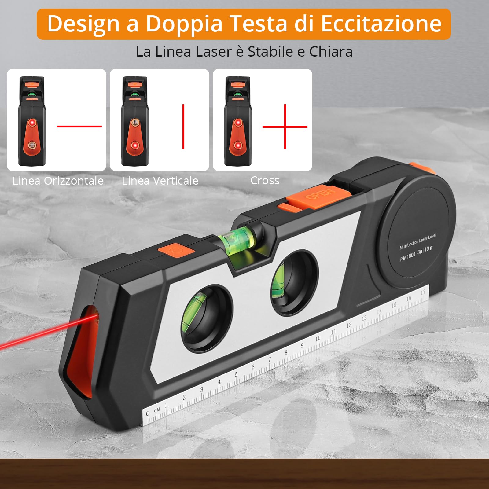 Neoteck Livella Laser 4 in 1 con 3m/9.8ft Metro Nastro+Livella+17cm Regolo Livella Laser Multiuso con Doppia Testa Laser Livello Laser a Infrarossi per Appendere Quadri Armadi Piastrelle e Pareti