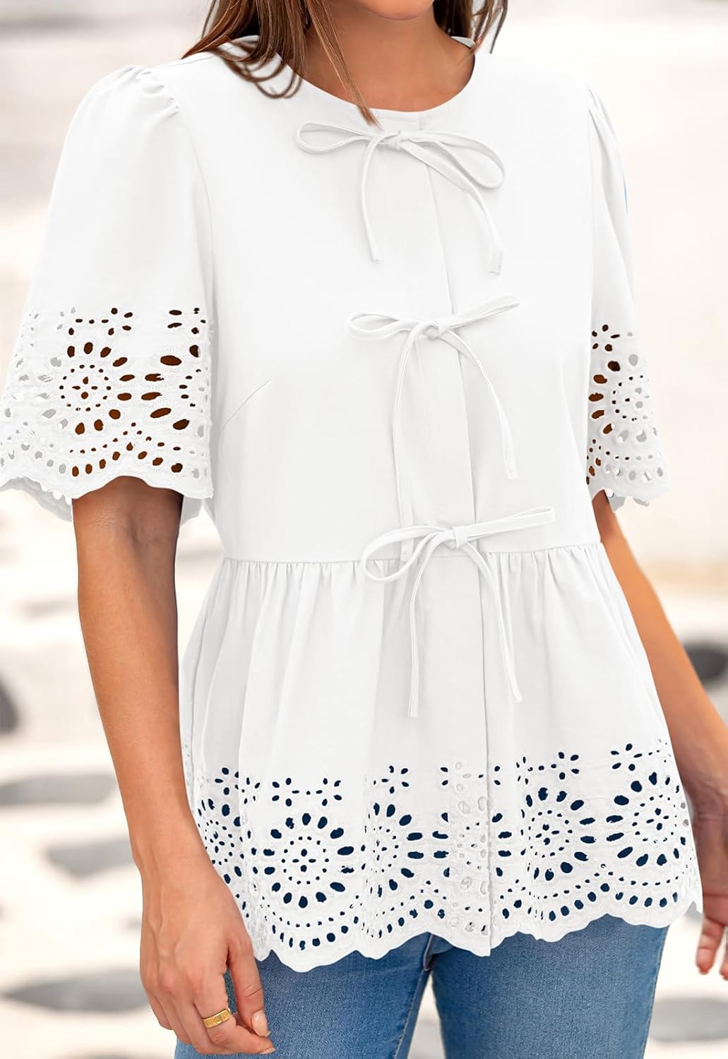 PRETTYGARDEN Tie Front Peplum Tops for Women Summer Y2K Short Sleeve Babydoll Cute Going Out Top Eyelet Blouse Shirt - Image 6