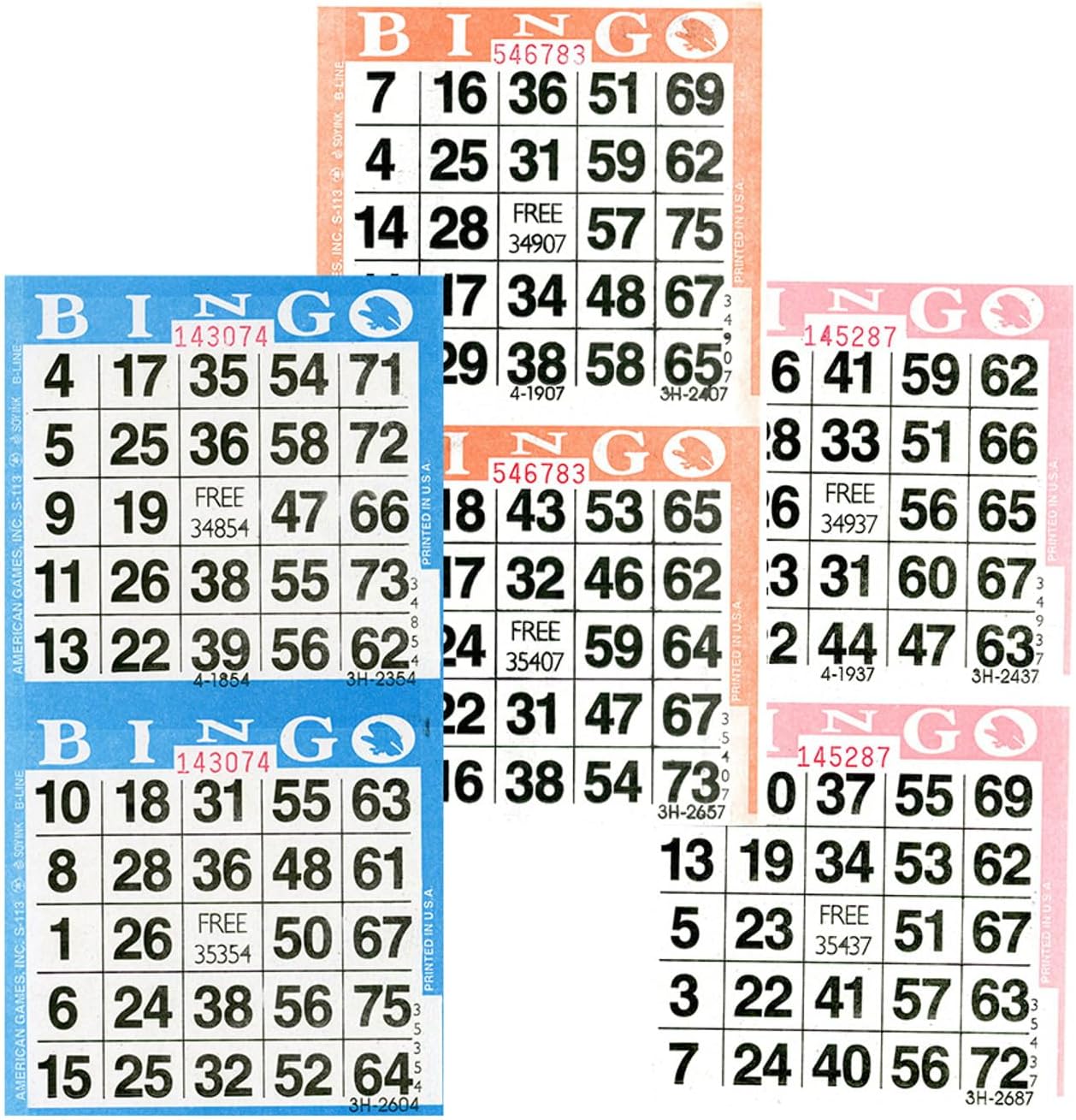 Bingo Paper Game Cards - 2 Card - Triple Pack - 750 Blue - 750 Orange - 750 Pink - 3 Colors, Made in USA