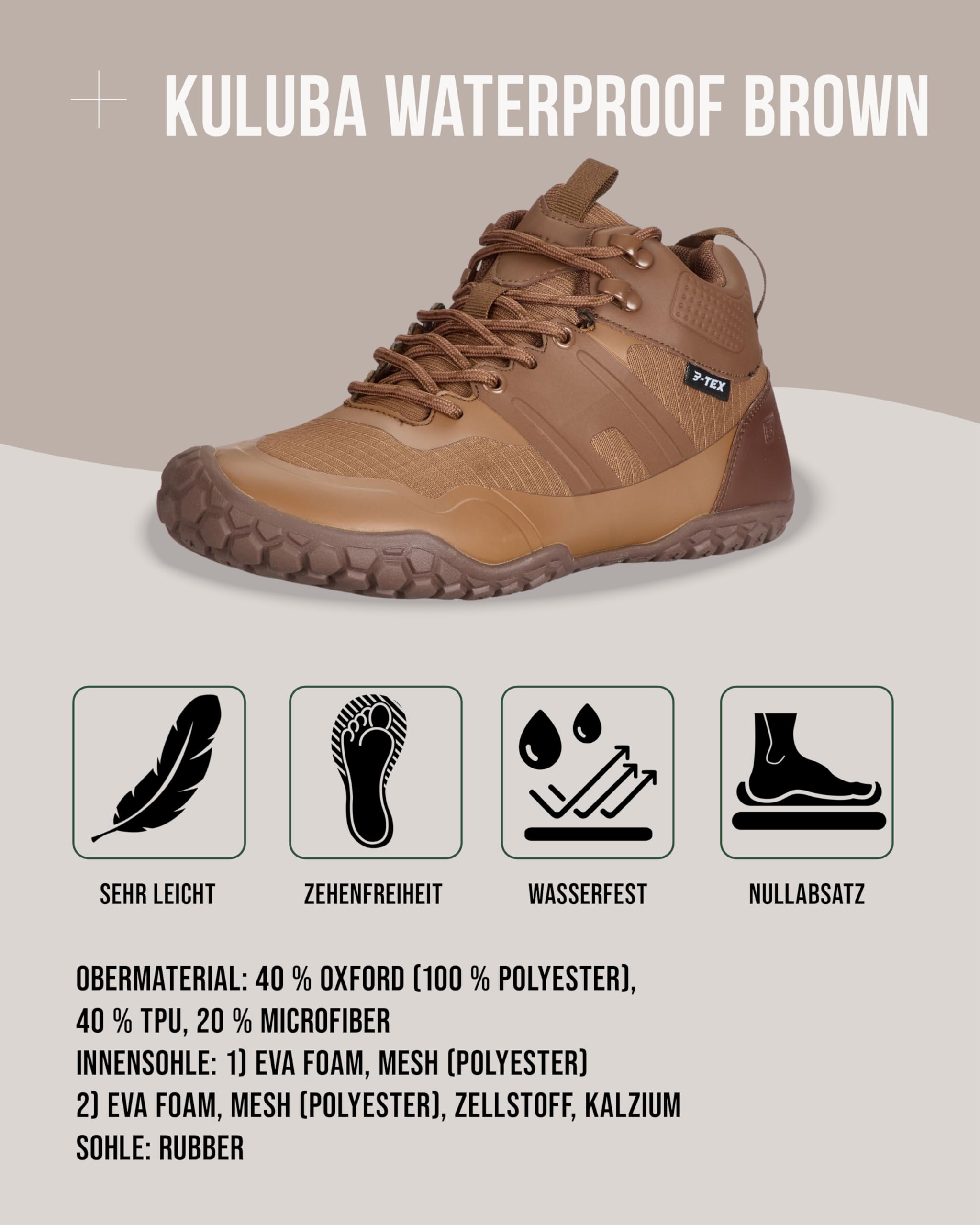 BALLOP Kuluba W Barfußschuhe Damen & Herren Braun – wasserdichte Wanderschuhe für Outdoor-Abenteuer bei jedem Wetter, Natürliches Laufgefühl