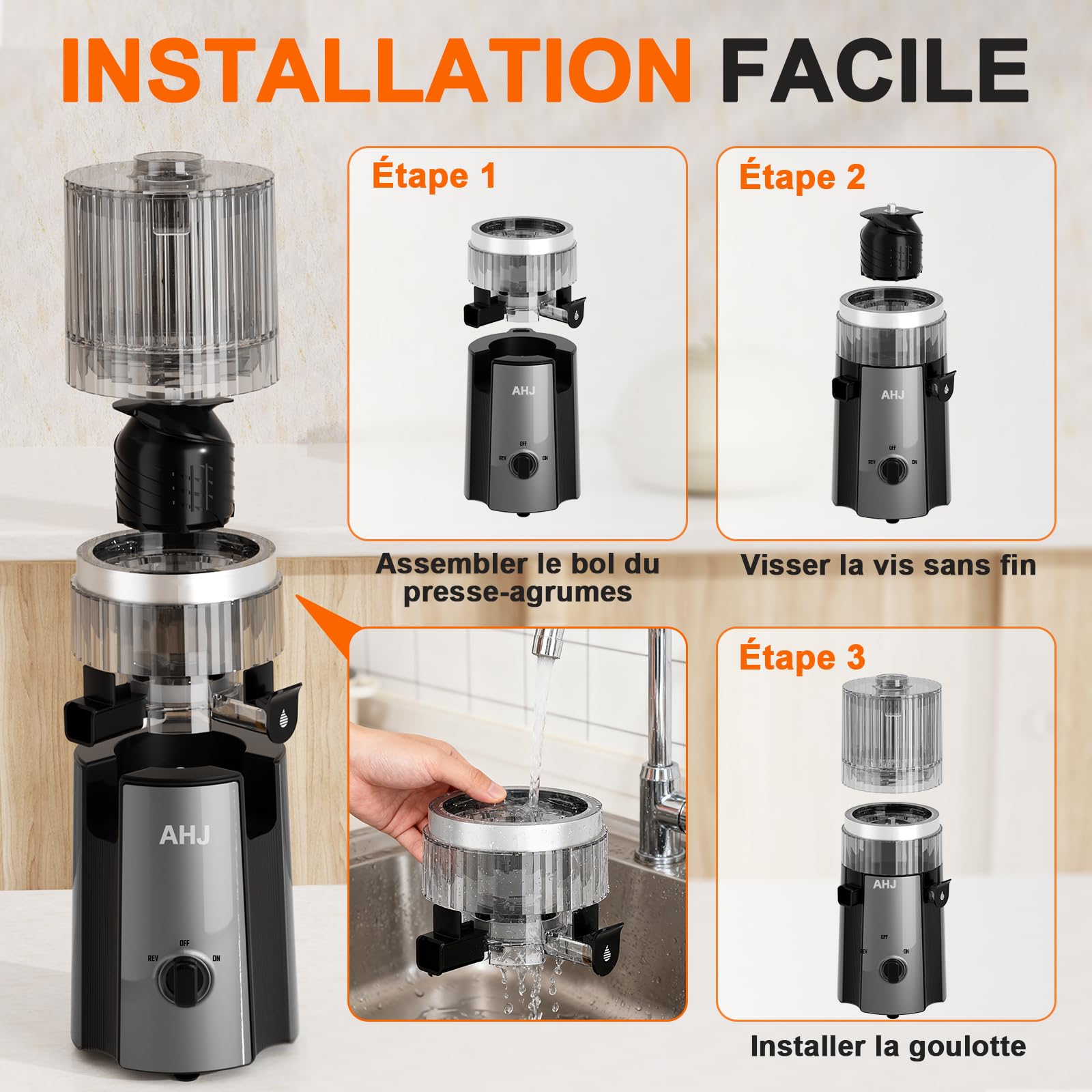AHJ Extracteur de Jus Lent 135mm, Slow Juicer Presse-agrumes à Froid pour Fruits et Légumes Entiers, Sans BPA