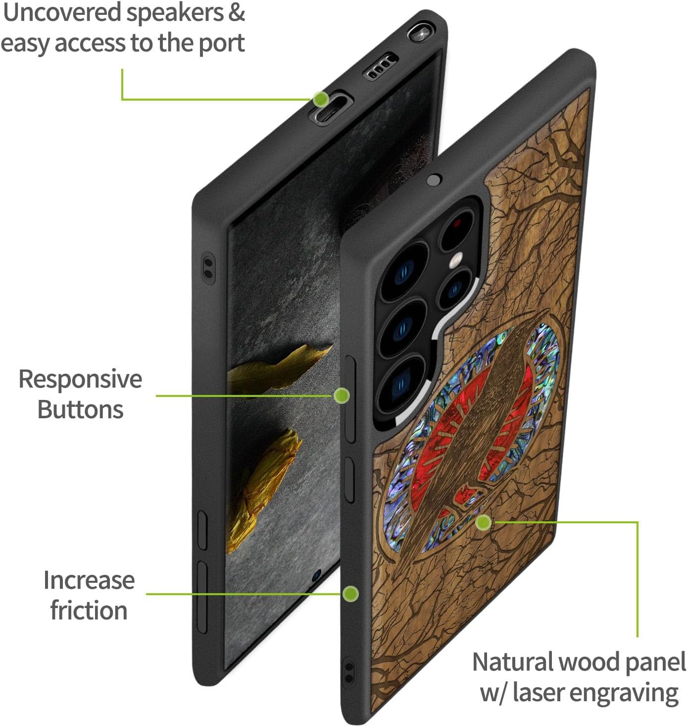 Carveit Designer Wooden Cover for Samsung Galaxy S22 Ultra Case [Wood Engraving & Shell Inlay] Compatible with Wireless Chargers S22 Ultra (The Haloed Crow-Walnut)