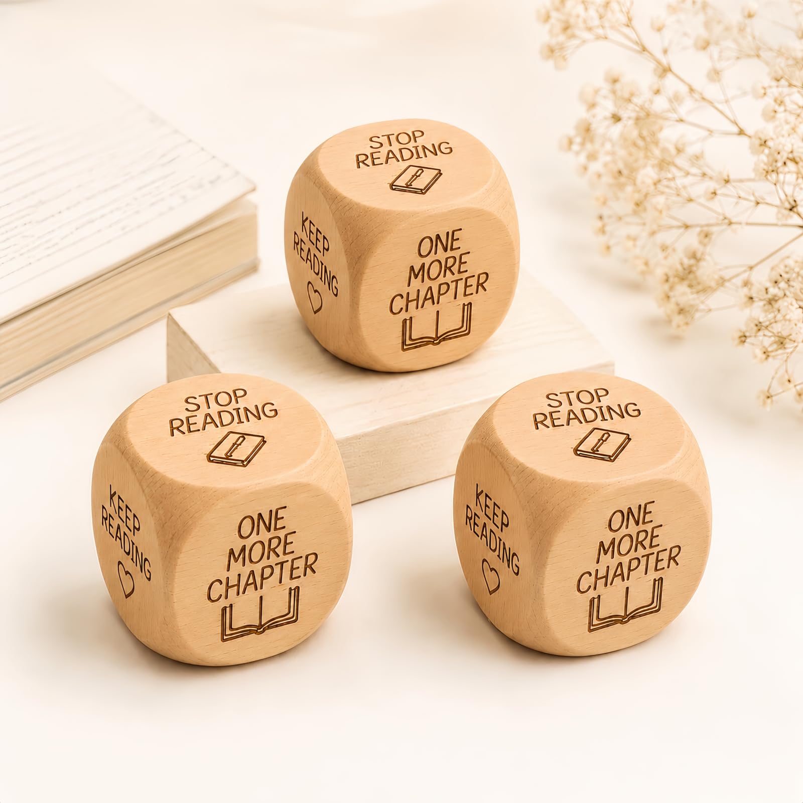 Wooden Reading Decision Dice – 6 Sided Bookish Reading Dice for Fun Reading Time, Reading Choice Maker Game, Wooden Book Dice for Book Lovers, Bookworms, Readers & Literary Gift (3pcs)