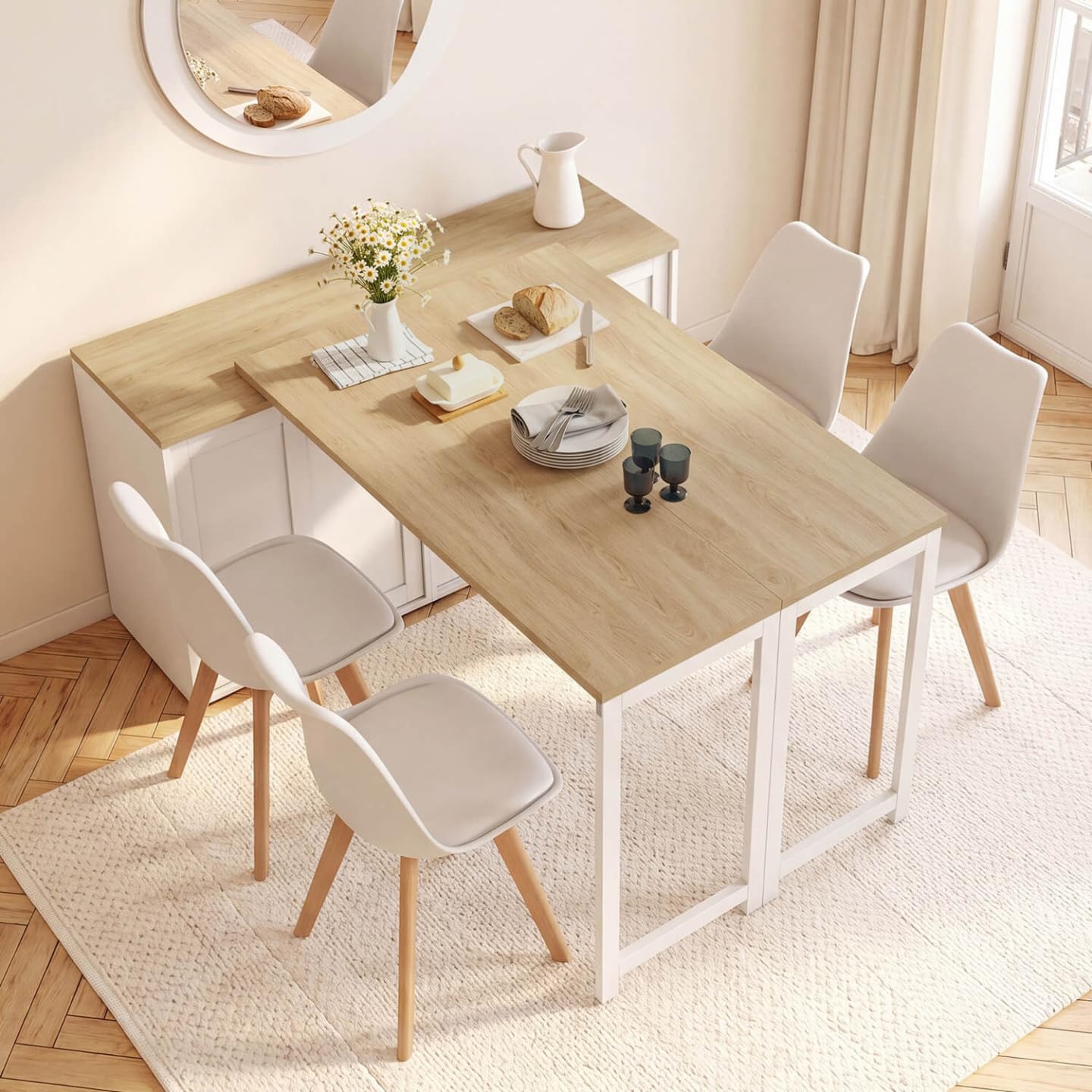 IDMarket - Ausziehbares Sideboard, 120 cm, 2 Schiebetüren, mit drehbarem und klappbarem Esstisch Jango für 2 bis 4 Personen, weiß und HOL