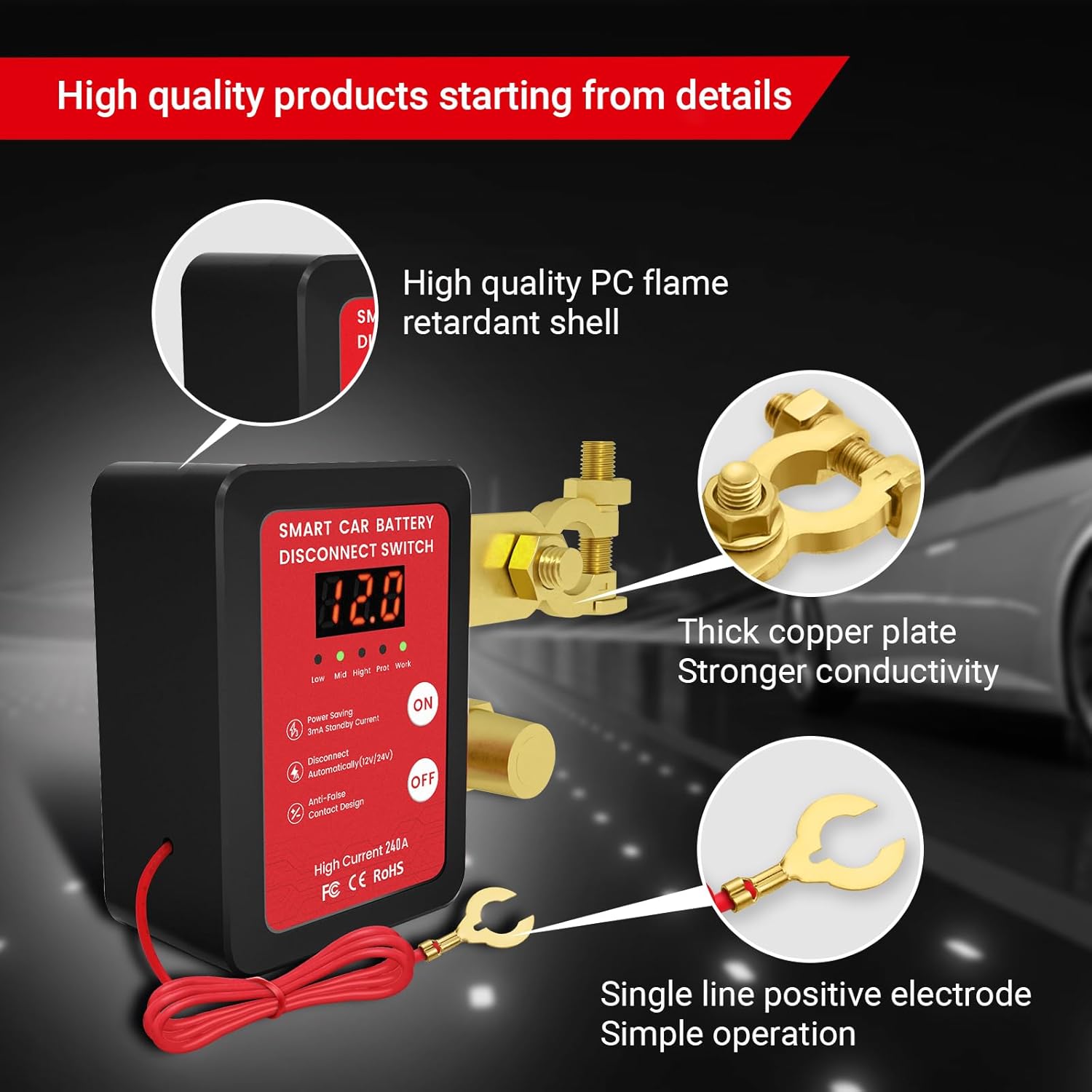 12V 240A Remote Control Battery Kill Switch for Car - Smart Battery Disconnect Switch with LED Indicator, Anti-Theft Protection & Prevents Battery Drain, for Cars, Trucks, RVs, Marine Vehicles