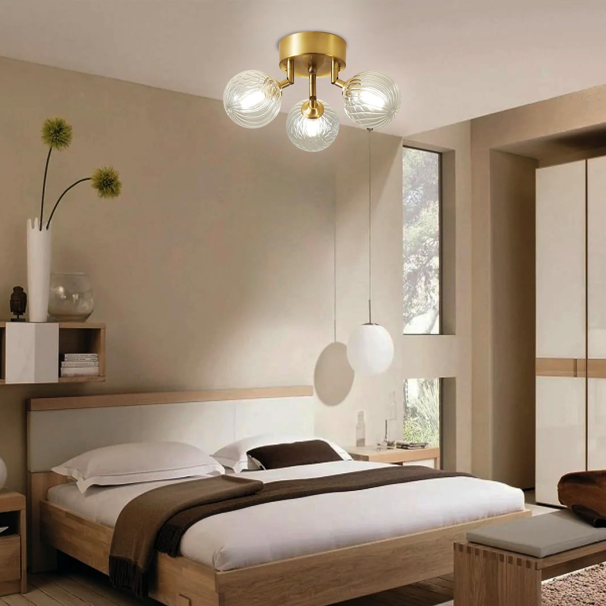 Vcozer 3-Light Globe Ceiling Fixture - Gold Flush Mount With Textured Glass