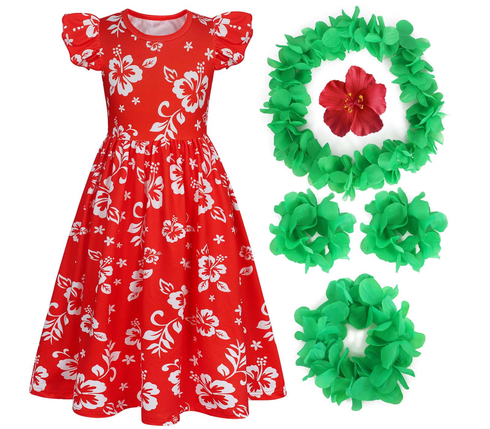 Jurebecia Hawaiian Costume for Girls Princess Cosplay Red Flutter Sleeve Flower Dress Kids Hawaiian Fancy Dresses Halloween Cosplay Outfit 4-5 Years