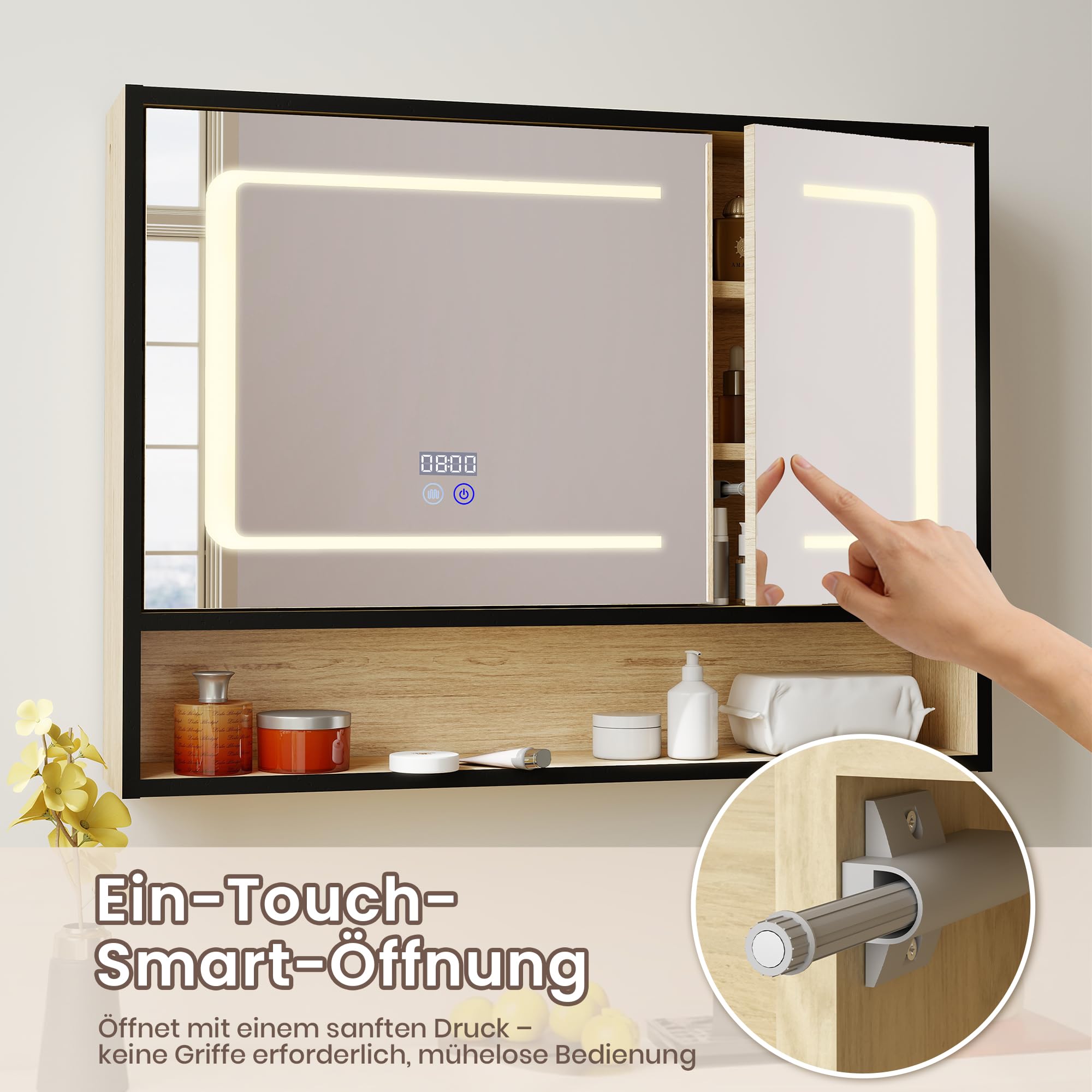 Pamapic Armadietto a specchio bagno con illuminazione, antiappannamento, armadio a parete con visualizzazione dell'ora e della temperatura, mobili per il soggiorno