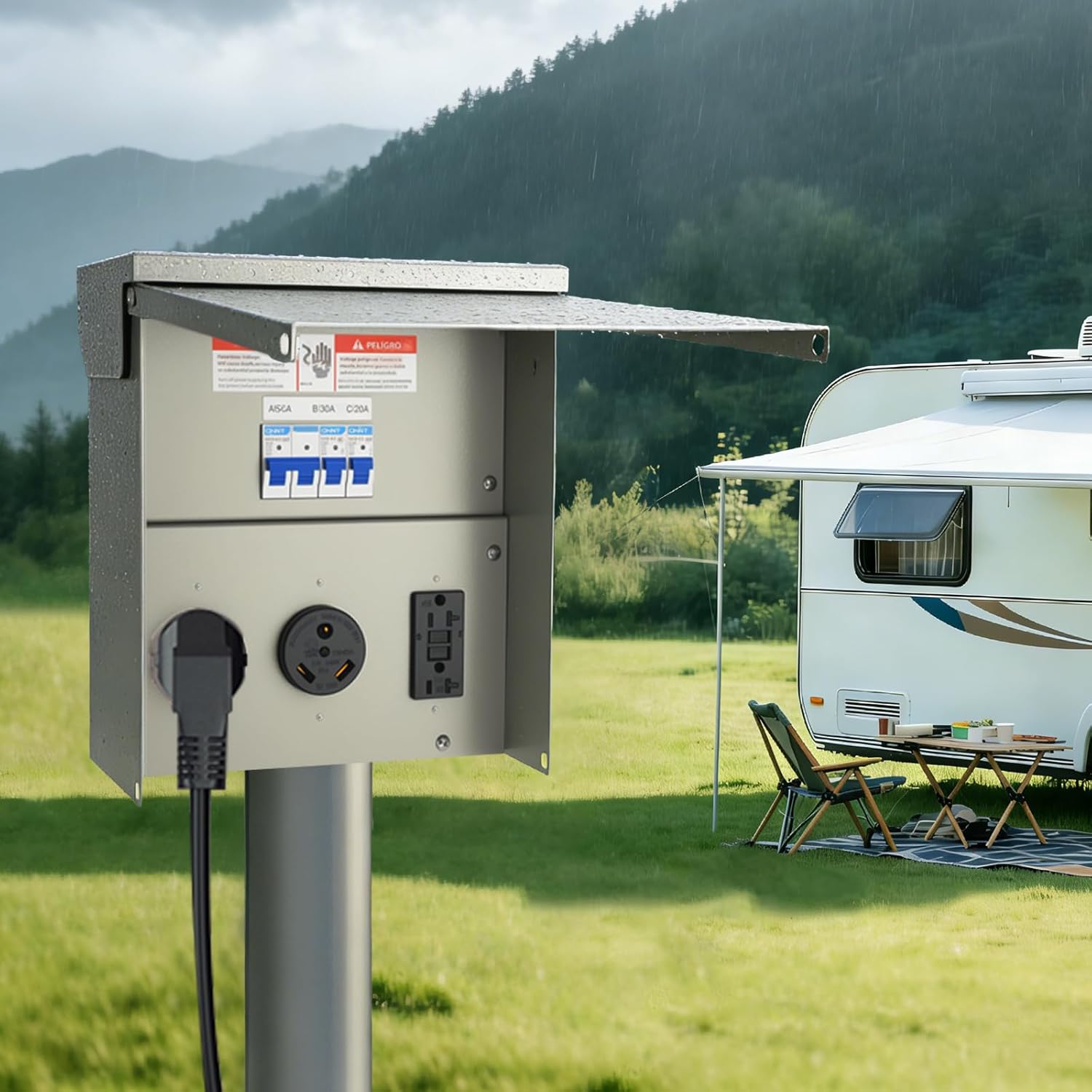 RV Electrical Outlet Panel with Breaker Temporary Power Outlet Panel RV Circuit Breaker Box with 20,30,50-Amp Receptacle Installed Weatherproof RV Power Outlet Box