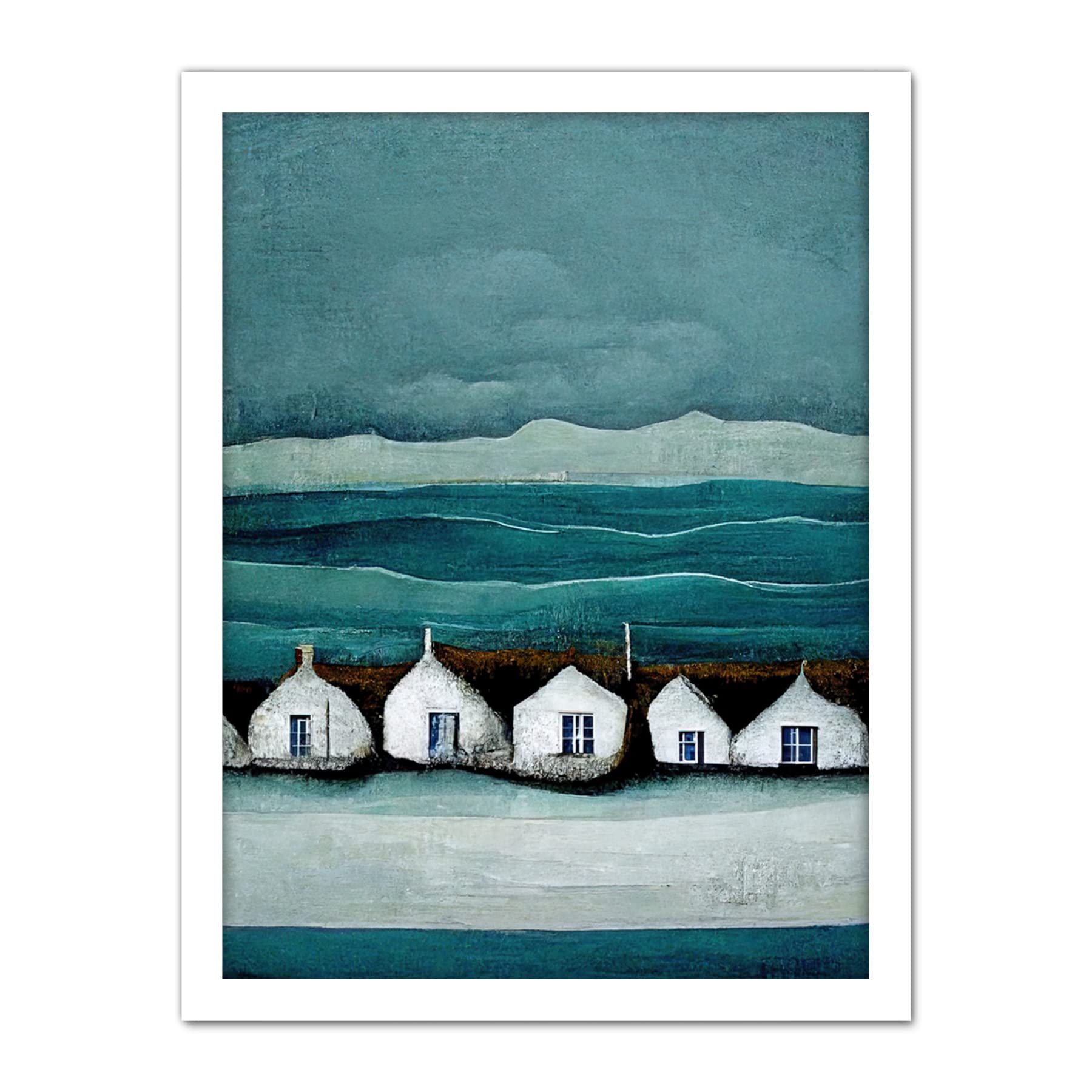 Row Of White Fisherman Cottages Isle Of Jura Artwork Framed Wall Art Print 18X24 Inch