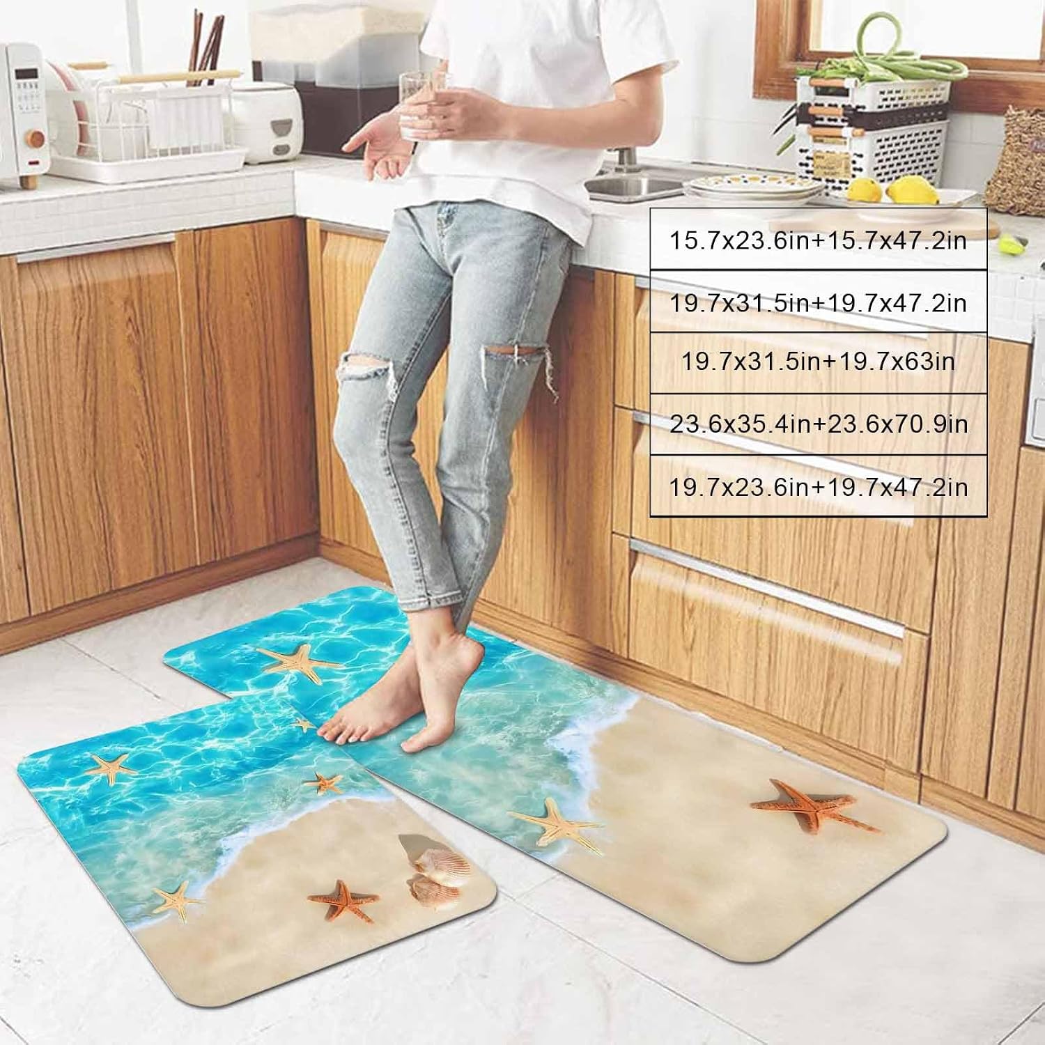 Summer Beach Kitchen Mats Set of 2 Blue Teal Ocean Waves Beige Sand Starfish Shells Non Slip Mat Washable Floor Rug for Kitchen Sink Floor Laundry, 15.7"x23.6"+15.7"x47.2"