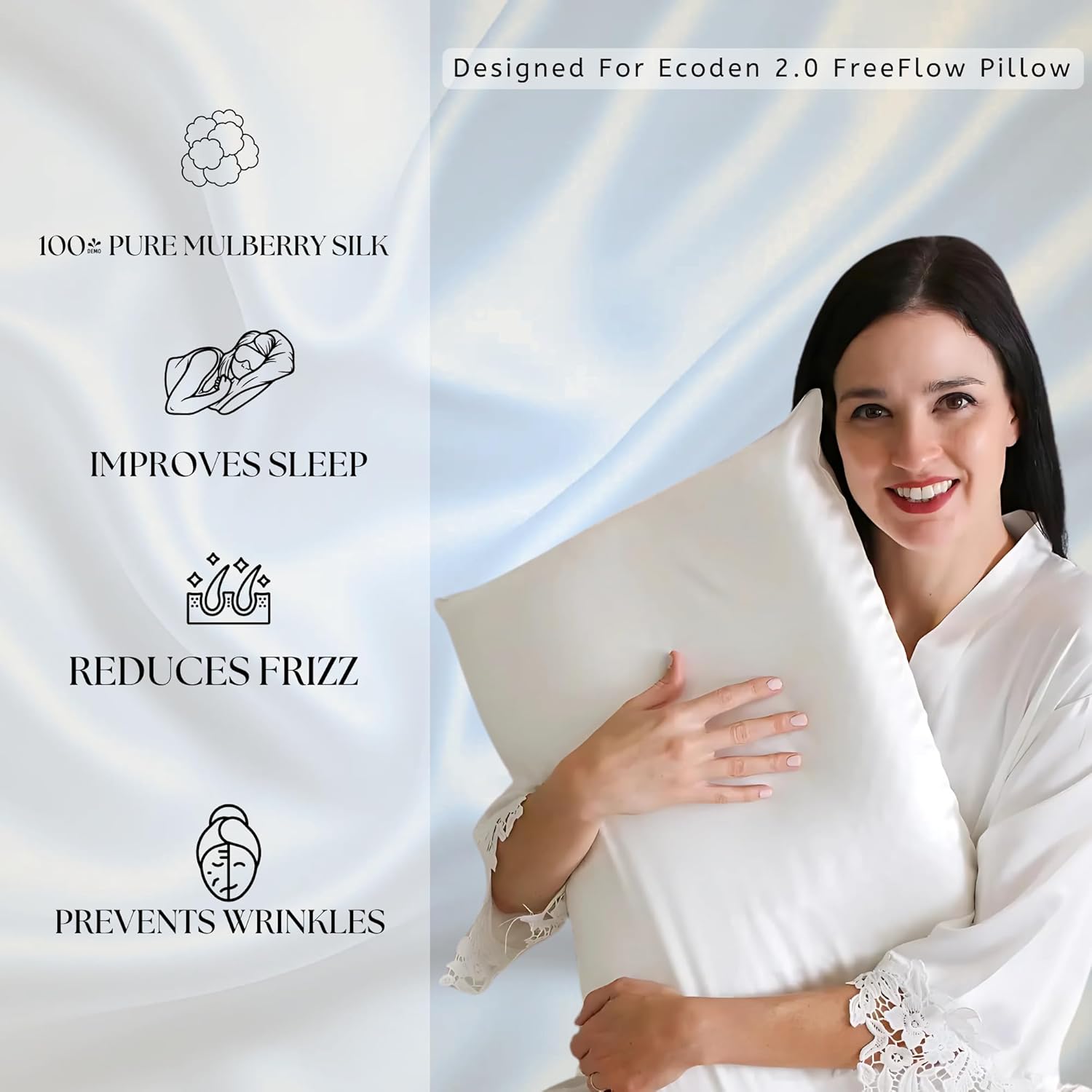 Silk Pillowcase - 100% Mulberry, Cooling, Soft, Skin-Friendly Pillow Cover for 2.0 FreeFlow with Hidden Zipper