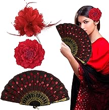 BOFUNX 2pcs Fiori per Capelli Donna + 1pc Ventaglio Nero Fermagli Fiori per Capelli Spilla Fiori Accessori Fiori per Flamenco Carnevale Sposa