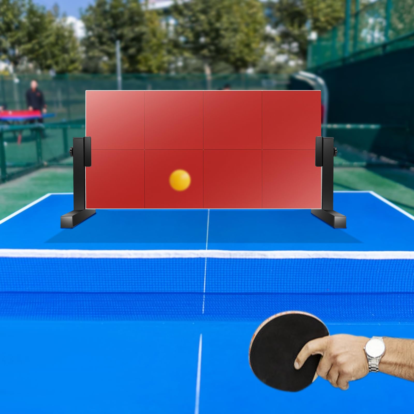 Mur de rebond de tennis de table avec 8 blocs en caoutchouc - Angle réglable à 360° - Stable - Entraîneur de tennis de table - Rebond pour auto-entraînement en intérieur et extérieur - Pour la