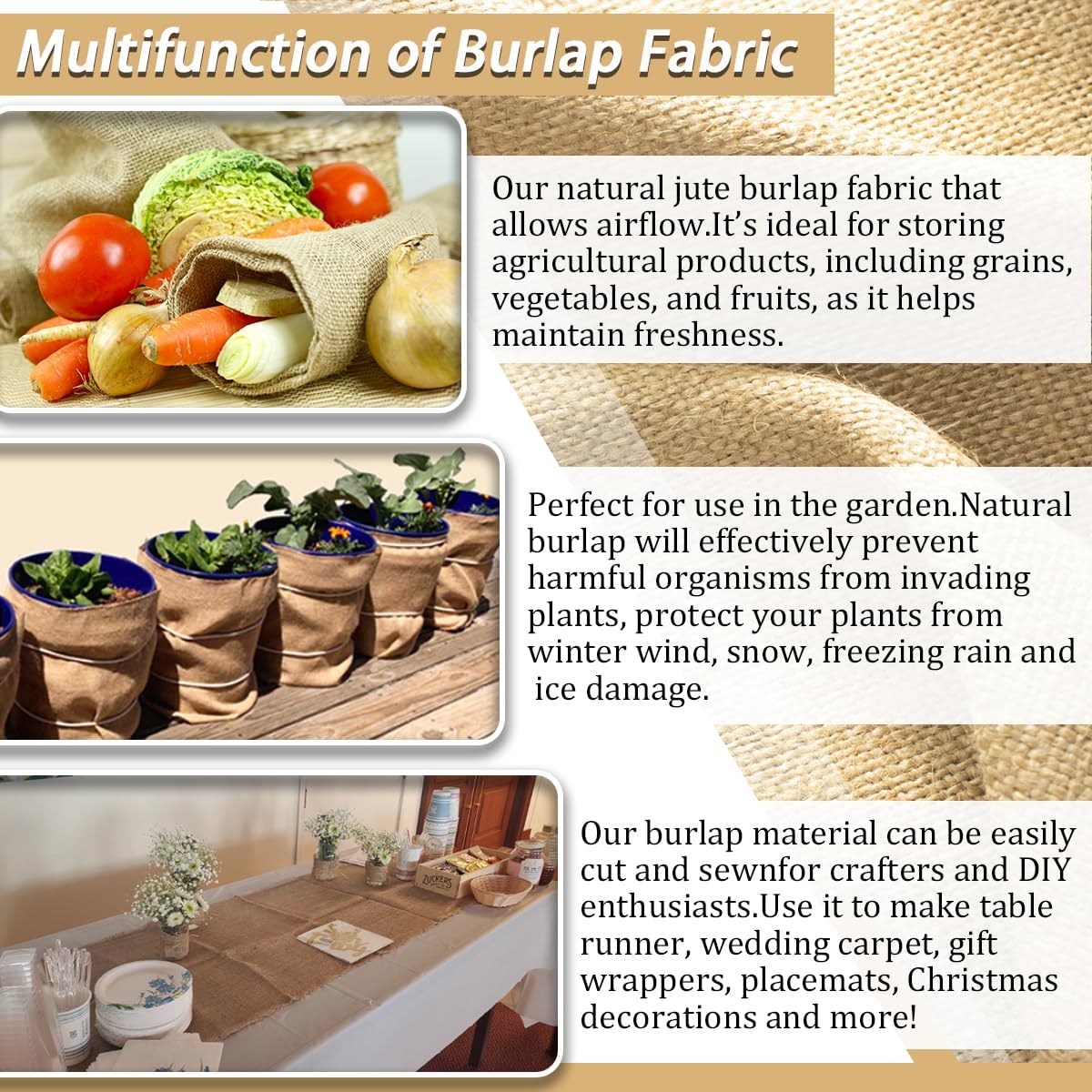 Burlap Fabric Roll, 63" x 15 Feet Burlap Garden Fabric Natural Jute for Decorations, Crafts, Weddings, Table Runner, Landscaping, Plants & Tree Covering