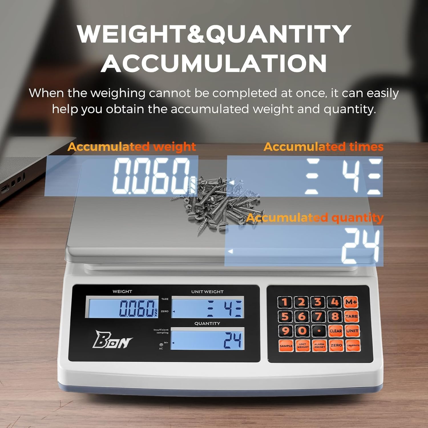 Bonvoisin 30kg x 0.1g Balance de Comptage Industrielle, Conversion g/kg/lb, Alimentation Secteur/Batterie, Plateau Acier Inoxydable 304, Écran LCD, pour Pièces, Monnaie, Bijoux