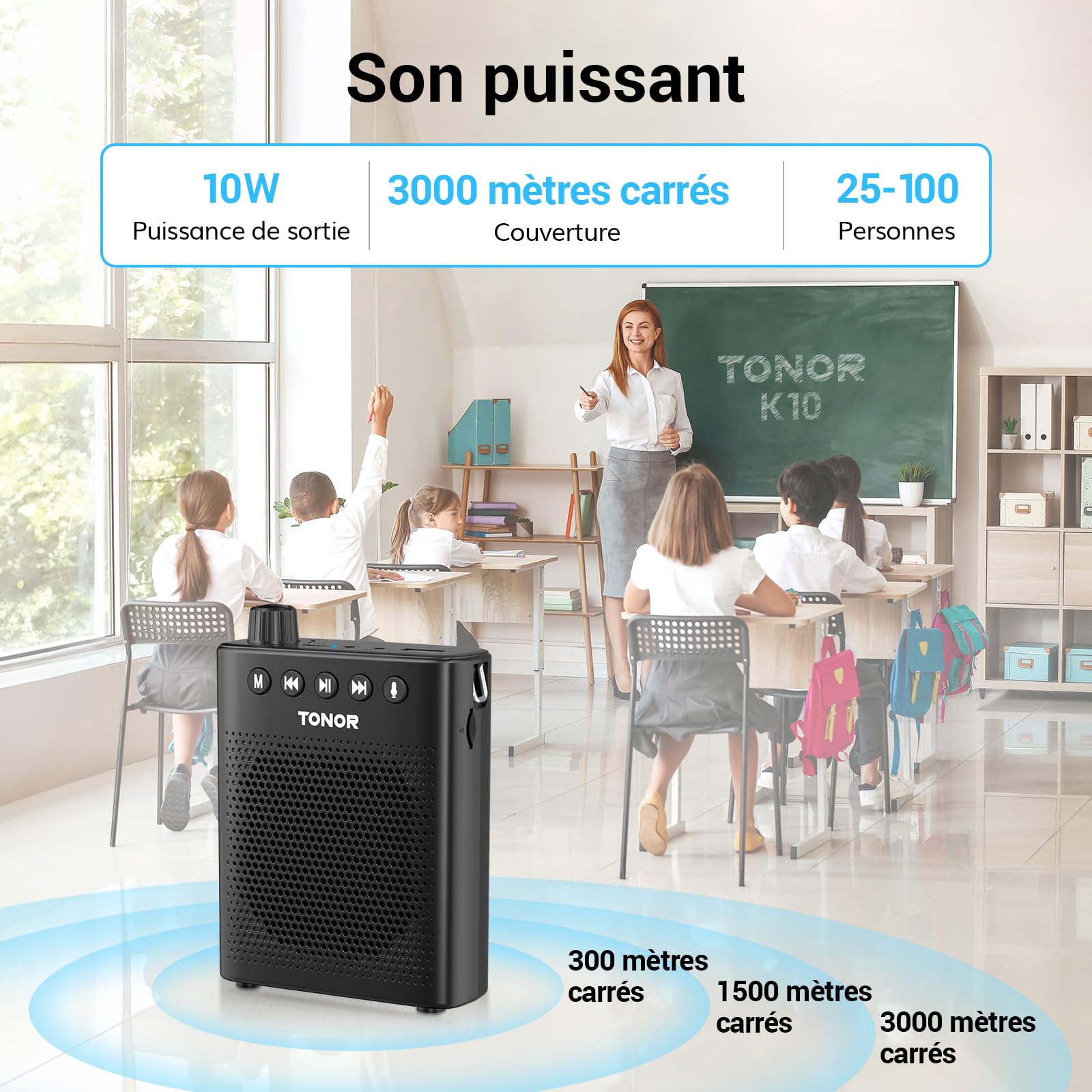TONOR Amplificateur vocal portable pour enseignants, microphone Bluetooth rechargeable avec casque filaire et ceinture pour salle de classe/formation/yoga/discours/réunion/guides touristiques, 100 cm