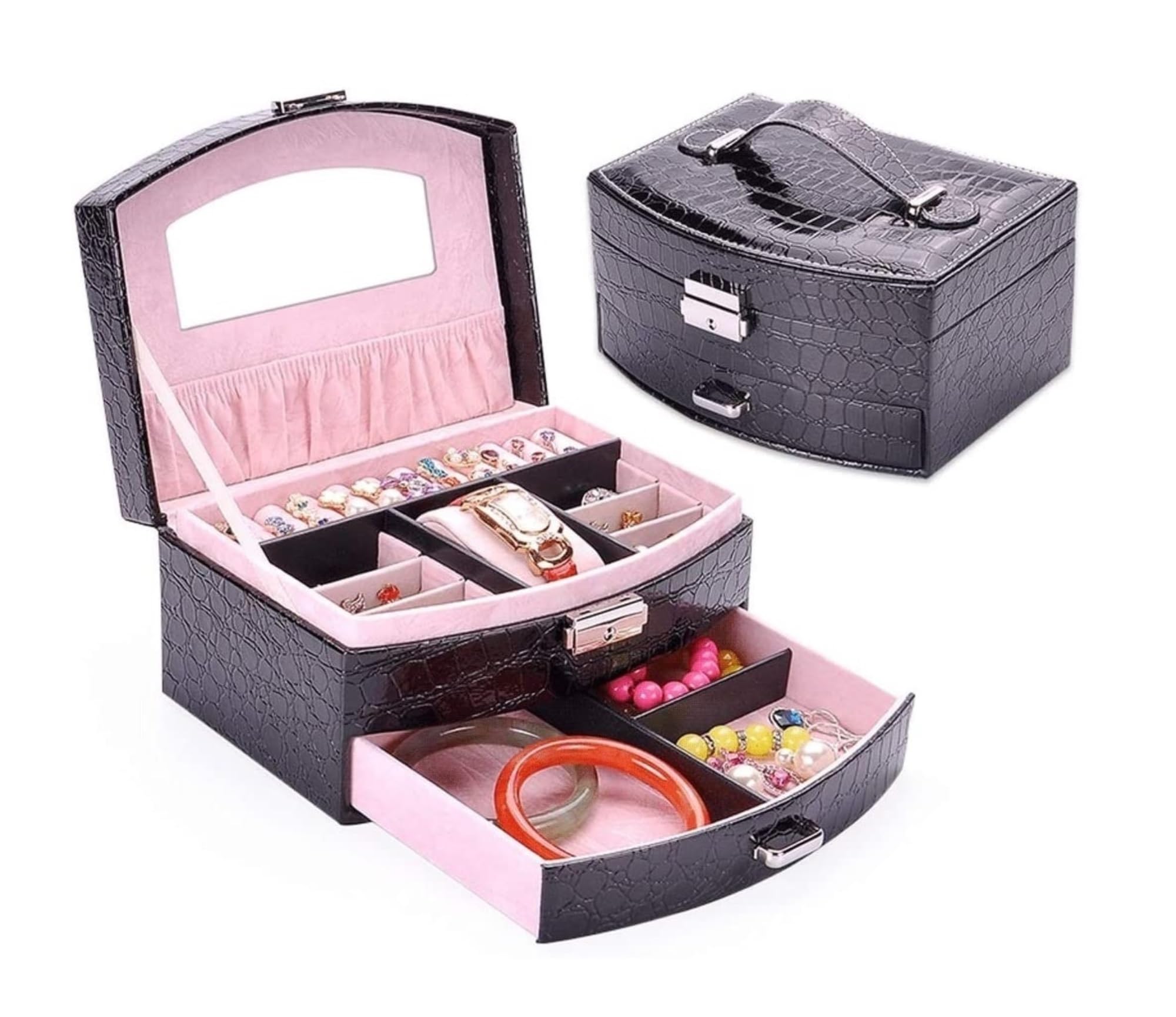 OZBMA Jewelry Box Storage Display Case with Lock and Handle High Capacity Travel Organizer Bracelets Necklaces Jewellry Holder