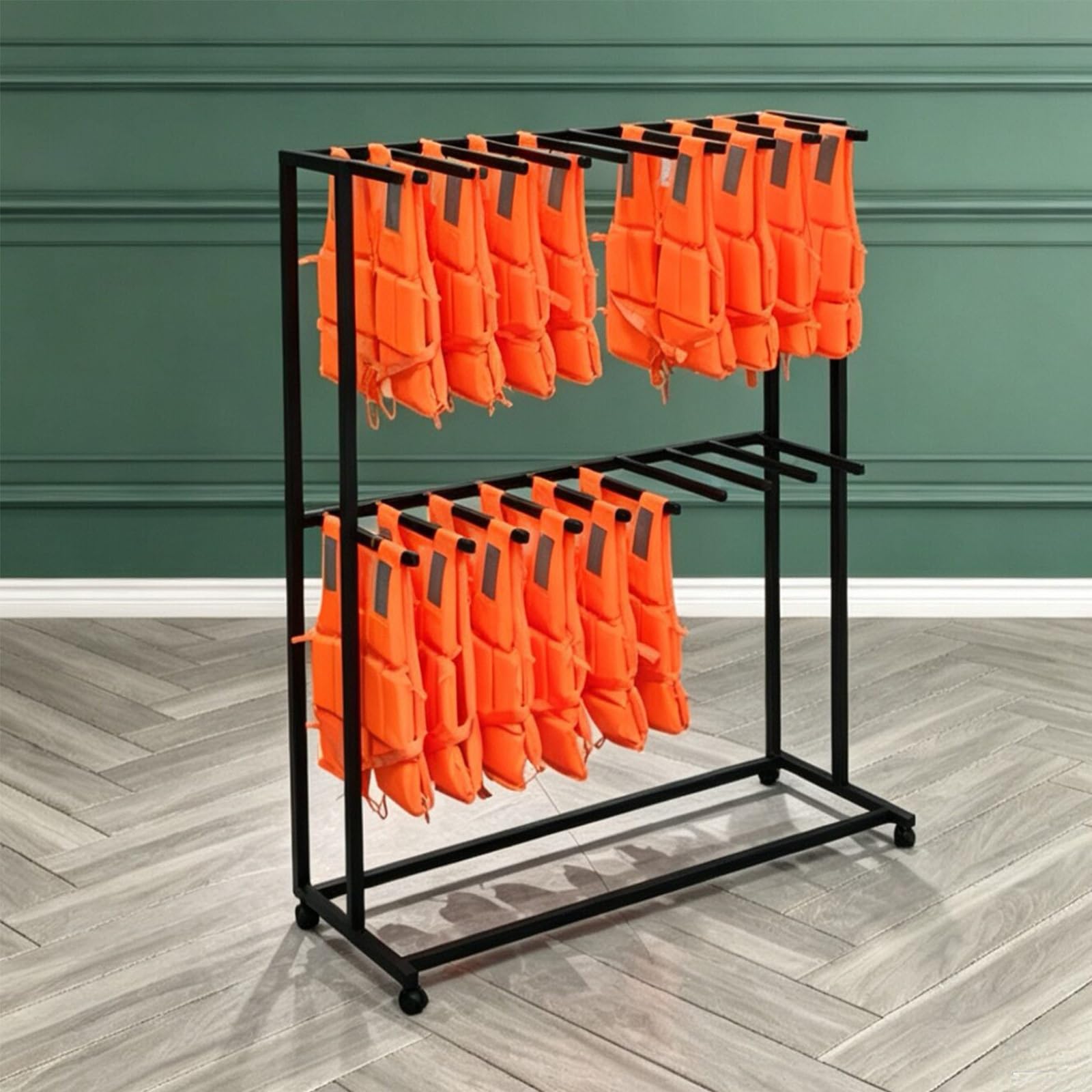 Heavy-Duty Life Vest Holder, 2-Tier Pool Equipment Storage Rack with Swivel Wheels, Freestanding Wetsuit Hanger Vest Hanger for Water Parks Rafting Areas Swimming Pools(Black)